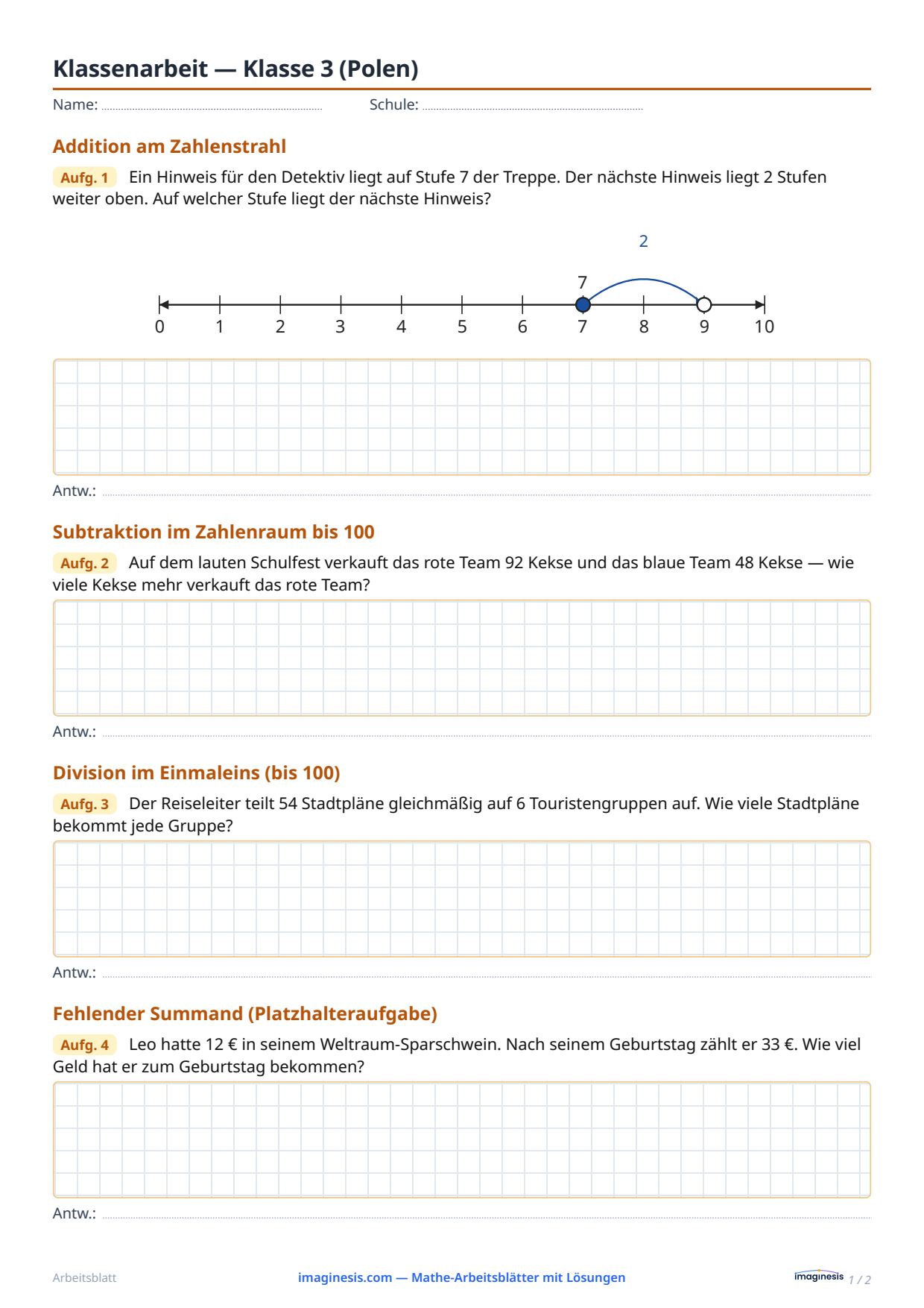 Klassenarbeit — Klasse 3 (Polen) — Schülerblatt: Mathe-Arbeitsblatt zum Ausdrucken (Klasse 3, Polen)