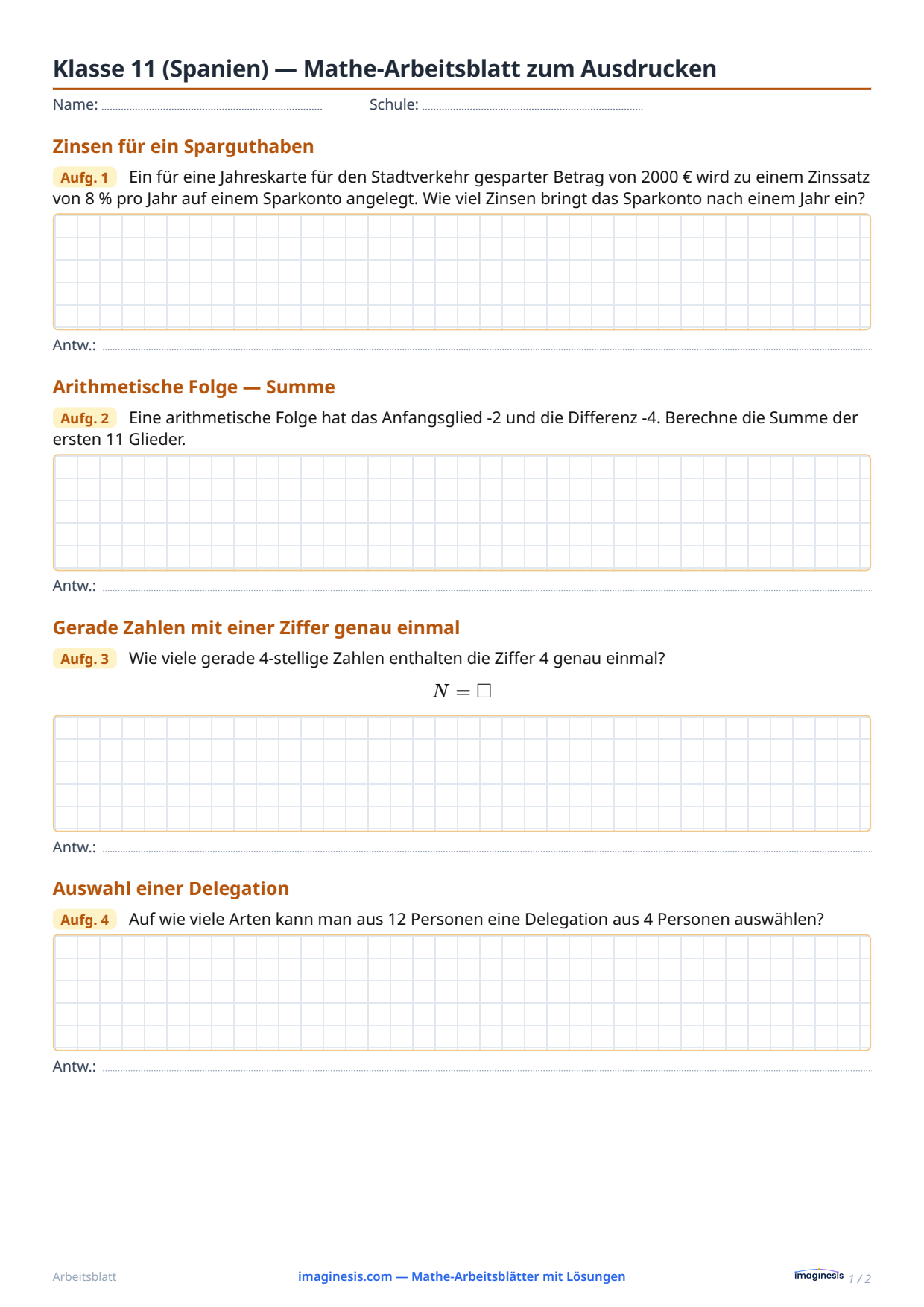 Klasse 11 (Spanien) — Mathe-Arbeitsblatt zum Ausdrucken — Schülerblatt: Mathe-Arbeitsblatt zum Ausdrucken (Klasse 11, Spanien)