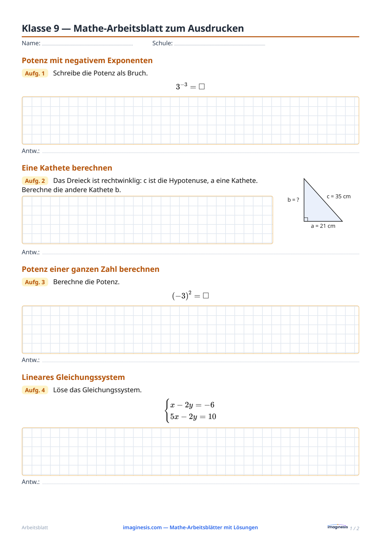 Klasse 9 — Mathe-Arbeitsblatt zum Ausdrucken — Schülerblatt: Mathe-Arbeitsblatt zum Ausdrucken (Klasse 9, Vereinigtes Königreich)