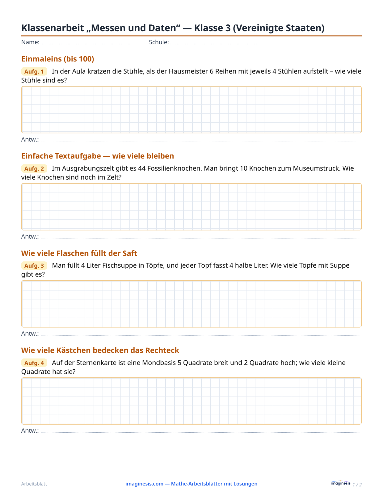 Klassenarbeit „Messen und Daten“ — Klasse 3 (Vereinigte Staaten) — Schülerblatt: Mathe-Arbeitsblatt zum Ausdrucken (Klasse 3, Vereinigte Staaten)