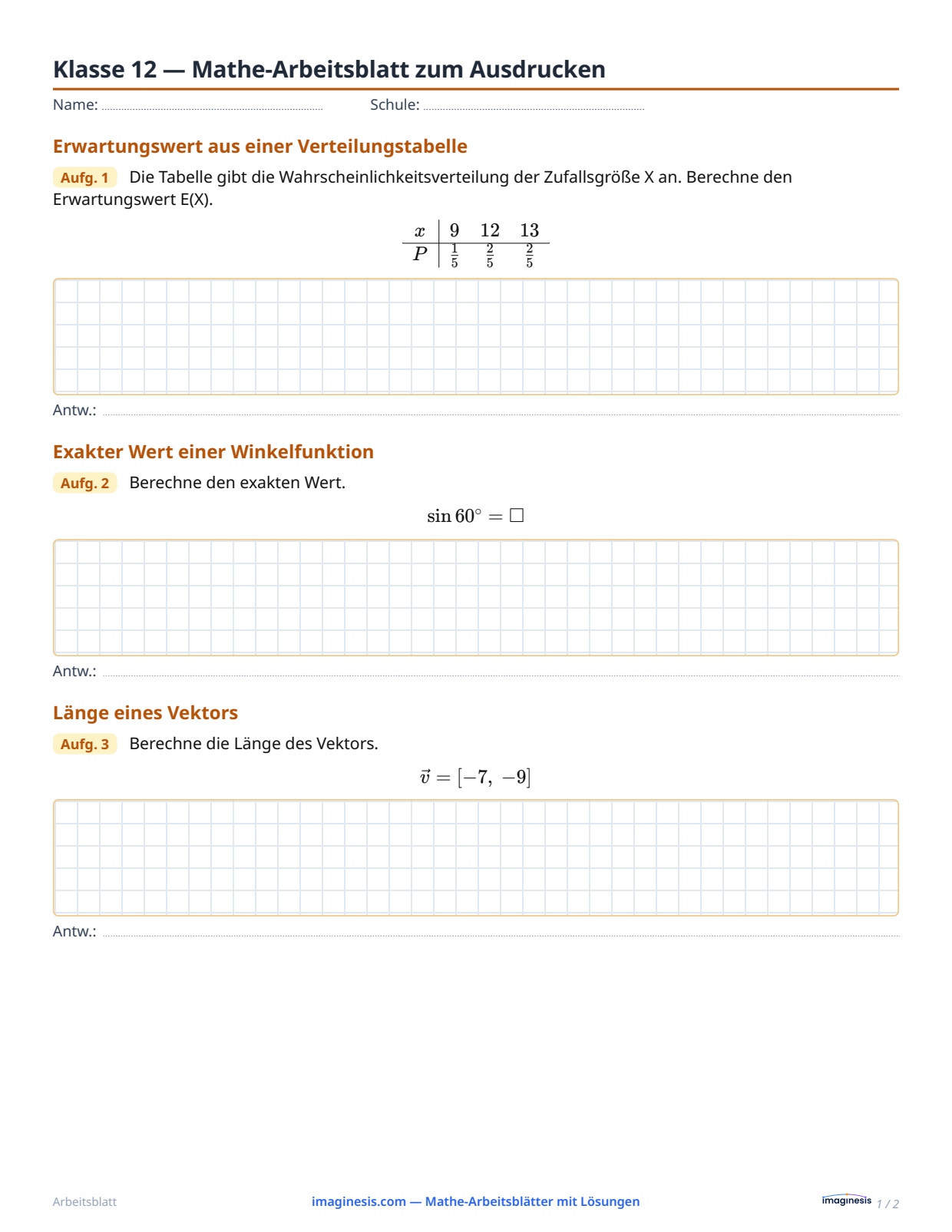 Klasse 12 — Mathe-Arbeitsblatt zum Ausdrucken — Schülerblatt: Mathe-Arbeitsblatt zum Ausdrucken (Klasse 12, Vereinigte Staaten)