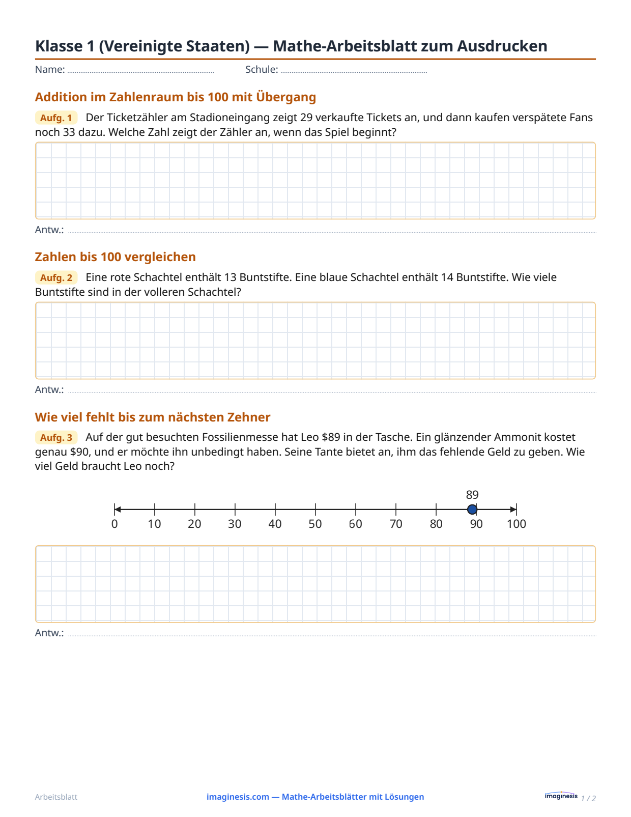 Klasse 1 (Vereinigte Staaten) — Mathe-Arbeitsblatt zum Ausdrucken — Schülerblatt: Mathe-Arbeitsblatt zum Ausdrucken (Klasse 1, Vereinigte Staaten)