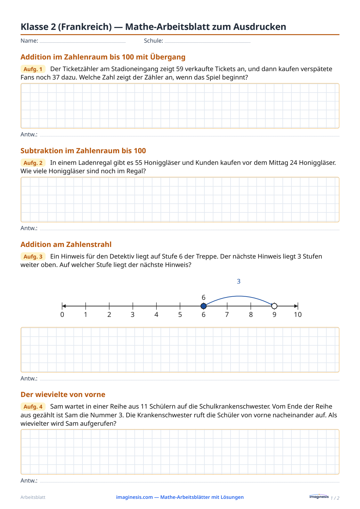 Klasse 2 (Frankreich) — Mathe-Arbeitsblatt zum Ausdrucken — Schülerblatt: Mathe-Arbeitsblatt zum Ausdrucken (Klasse 2, Frankreich)