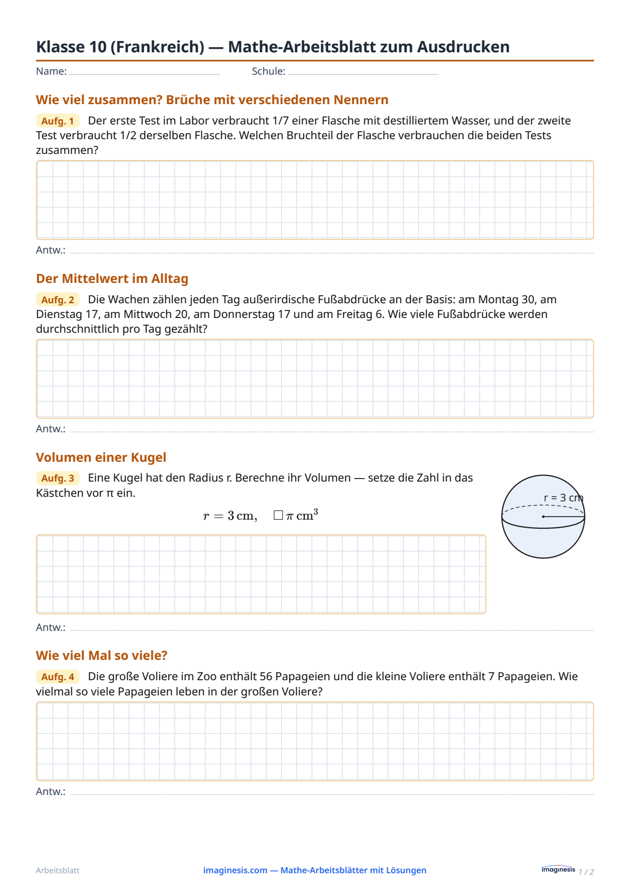 Klasse 10 (Frankreich) — Mathe-Arbeitsblatt zum Ausdrucken — Schülerblatt: Mathe-Arbeitsblatt zum Ausdrucken (Klasse 10, Frankreich)