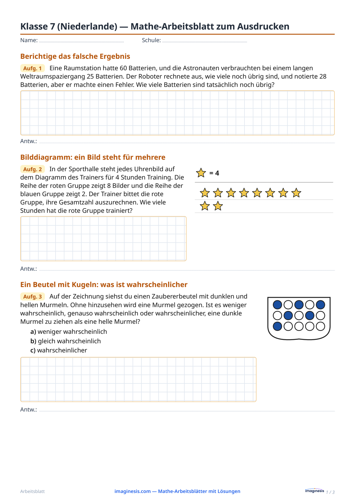 Klasse 7 (Niederlande) — Mathe-Arbeitsblatt zum Ausdrucken — Schülerblatt: Mathe-Arbeitsblatt zum Ausdrucken (Klasse 7, Niederlande)