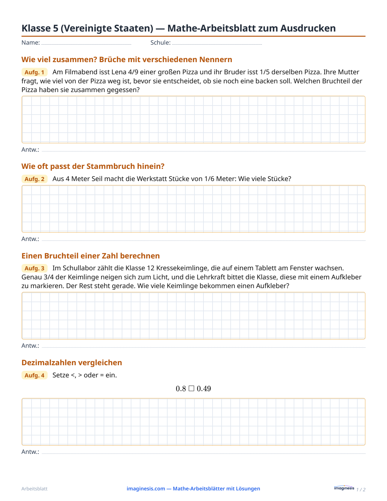 Klasse 5 (Vereinigte Staaten) — Mathe-Arbeitsblatt zum Ausdrucken — Schülerblatt: Mathe-Arbeitsblatt zum Ausdrucken (Klasse 5, Vereinigte Staaten)