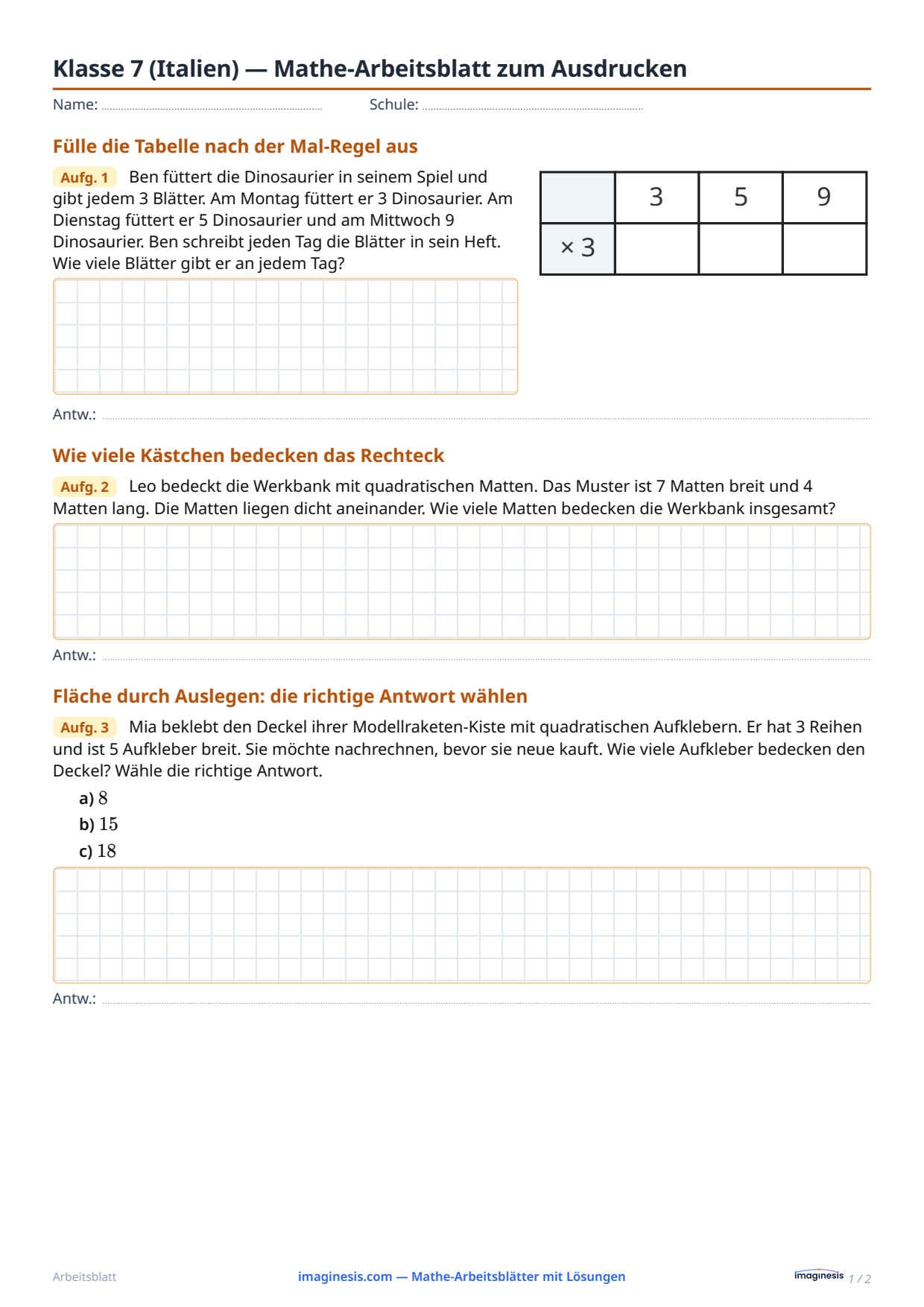 Klasse 7 (Italien) — Mathe-Arbeitsblatt zum Ausdrucken — Schülerblatt: Mathe-Arbeitsblatt zum Ausdrucken (Klasse 7, Italien)
