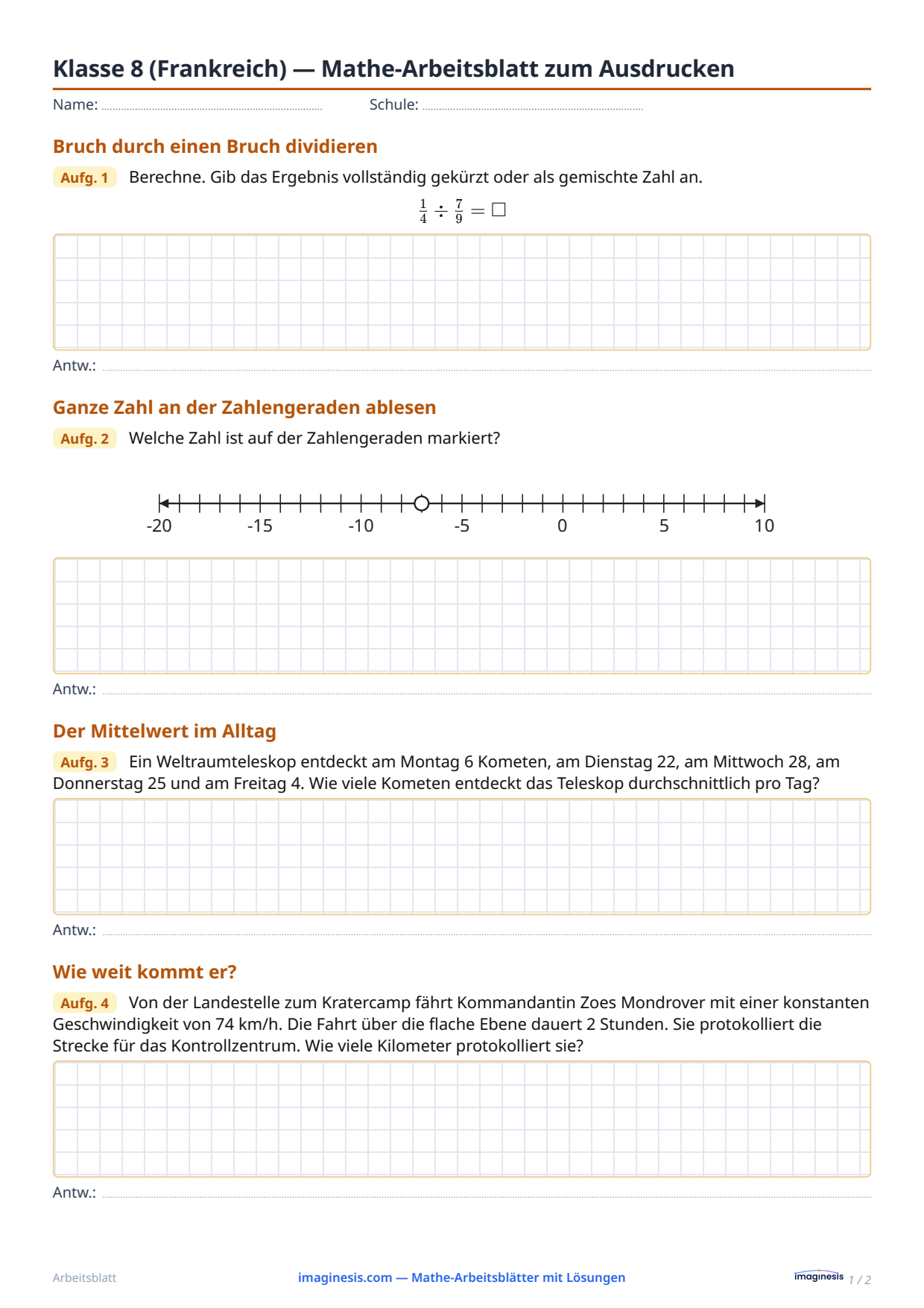 Klasse 8 (Frankreich) — Mathe-Arbeitsblatt zum Ausdrucken — Schülerblatt: Mathe-Arbeitsblatt zum Ausdrucken (Klasse 8, Frankreich)