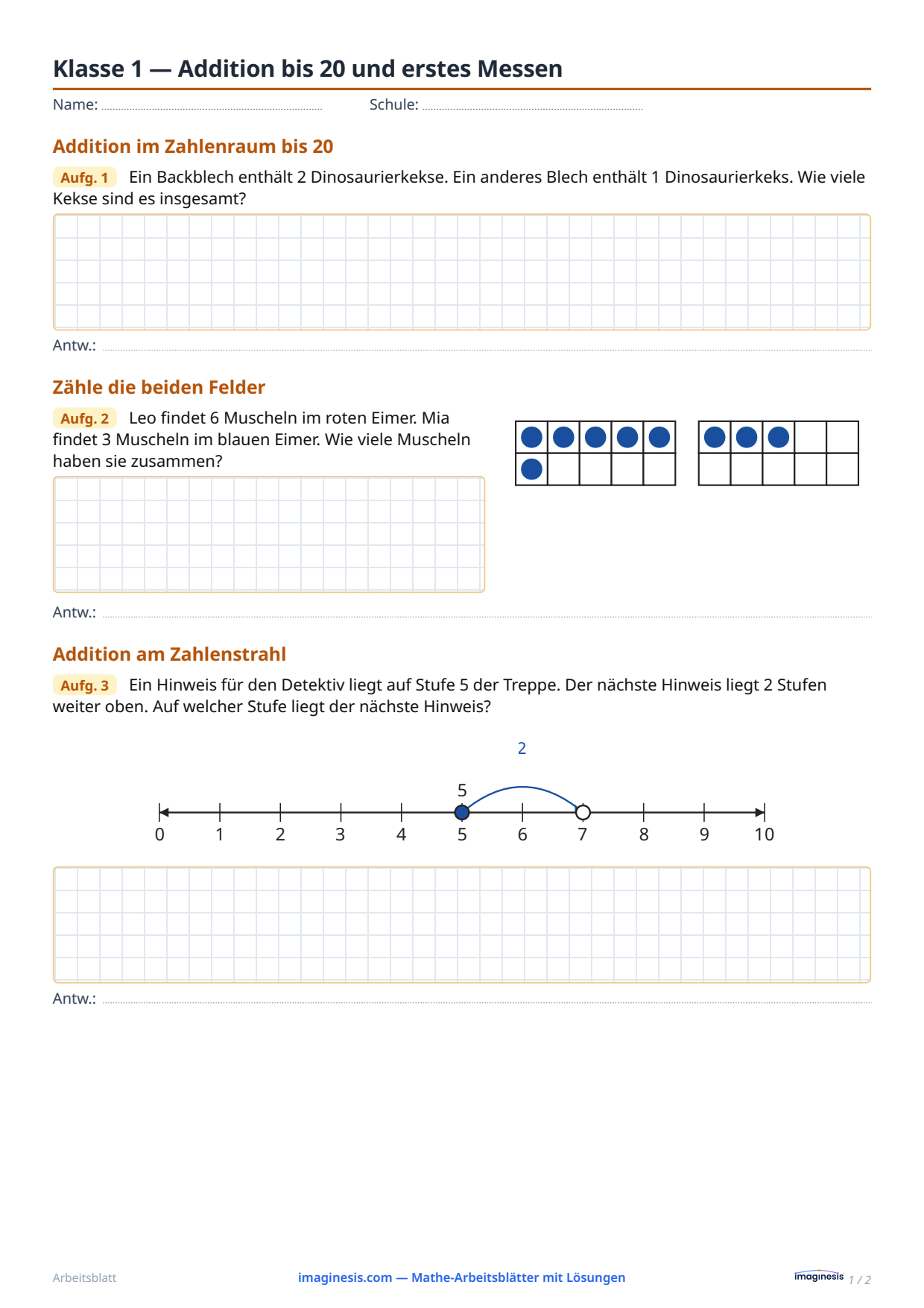 Klasse 1 — Addition bis 20 und erstes Messen — Schülerblatt: Mathe-Arbeitsblatt zum Ausdrucken (Klasse 1 der Grundschule, Deutschland)