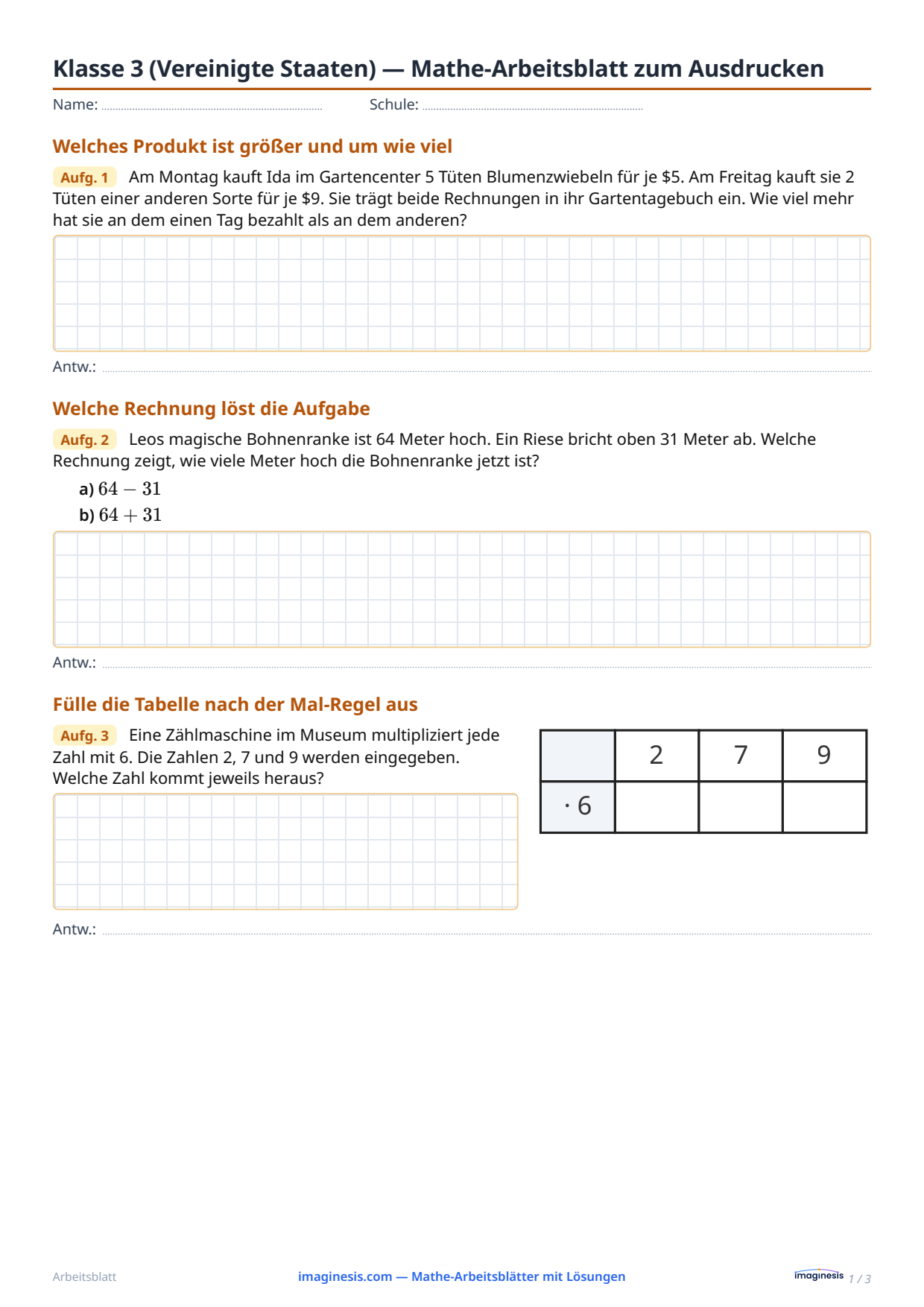 Klasse 3 (Vereinigte Staaten) — Mathe-Arbeitsblatt zum Ausdrucken — Schülerblatt: Mathe-Arbeitsblatt zum Ausdrucken (Klasse 3, Vereinigte Staaten)