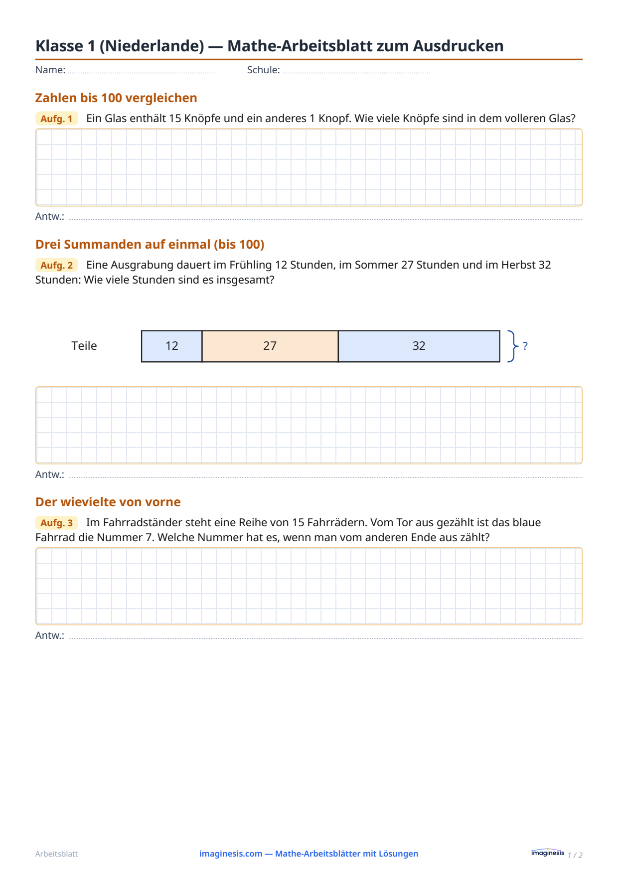 Klasse 1 (Niederlande) — Mathe-Arbeitsblatt zum Ausdrucken — Schülerblatt: Mathe-Arbeitsblatt zum Ausdrucken (Klasse 1, Niederlande)
