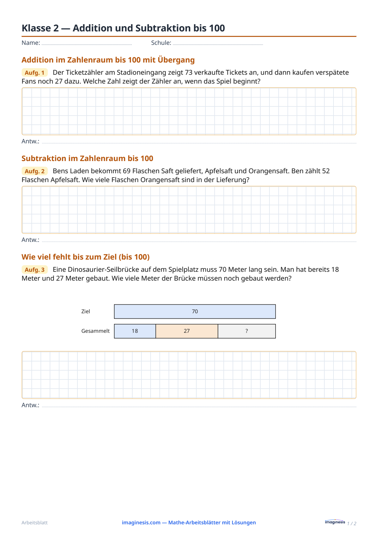 Klasse 2 — Addition und Subtraktion bis 100 — Schülerblatt: Mathe-Arbeitsblatt zum Ausdrucken (Klasse 2, Polen)
