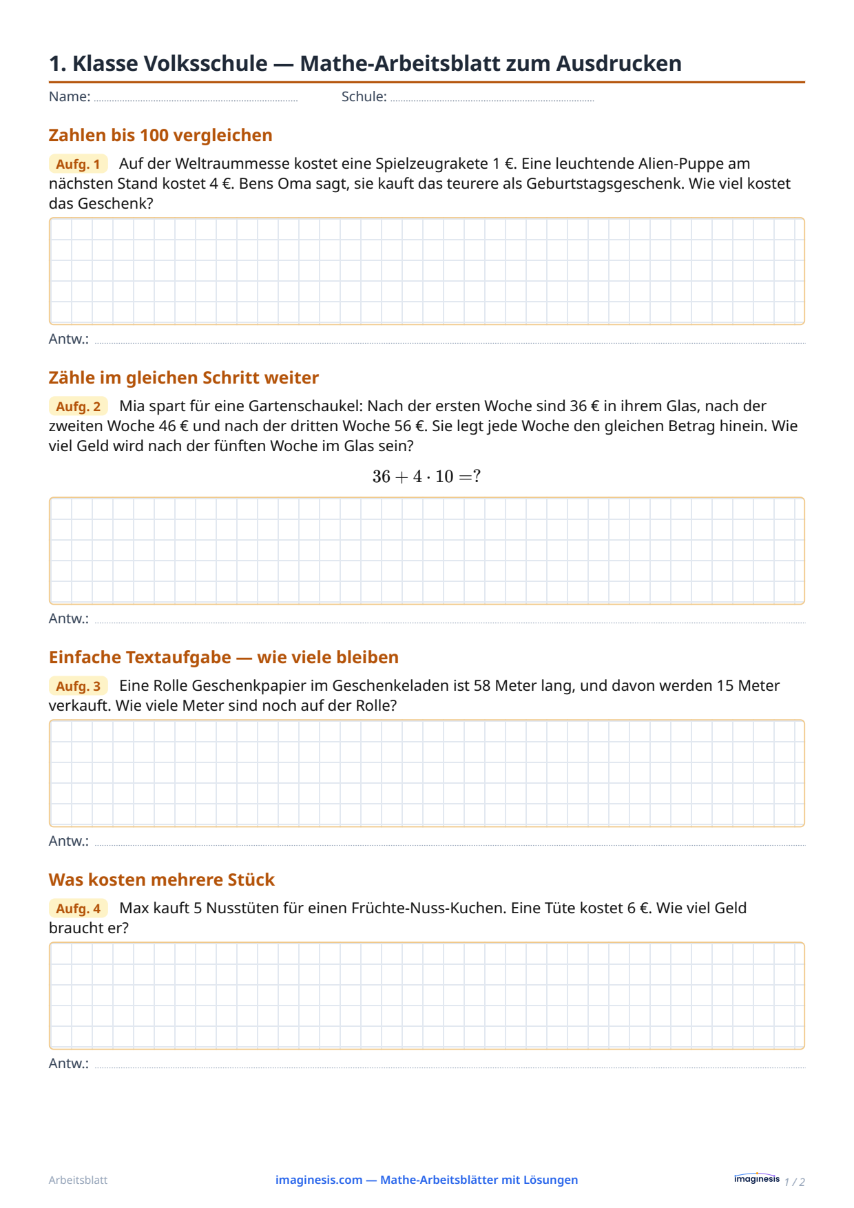 1. Klasse Volksschule — Mathe-Arbeitsblatt zum Ausdrucken — Schülerblatt: Mathe-Arbeitsblatt zum Ausdrucken (1. Klasse Volksschule, Österreich)