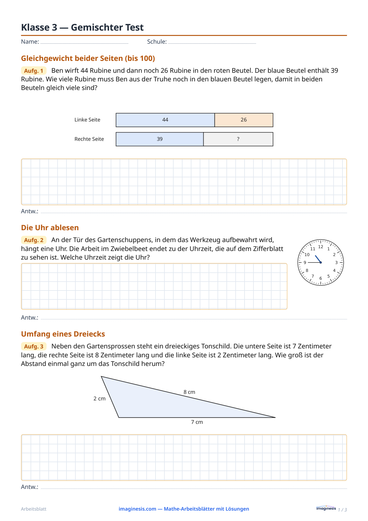Klasse 3 — Gemischter Test — Schülerblatt: Mathe-Arbeitsblatt zum Ausdrucken (Klasse 3, Polen)
