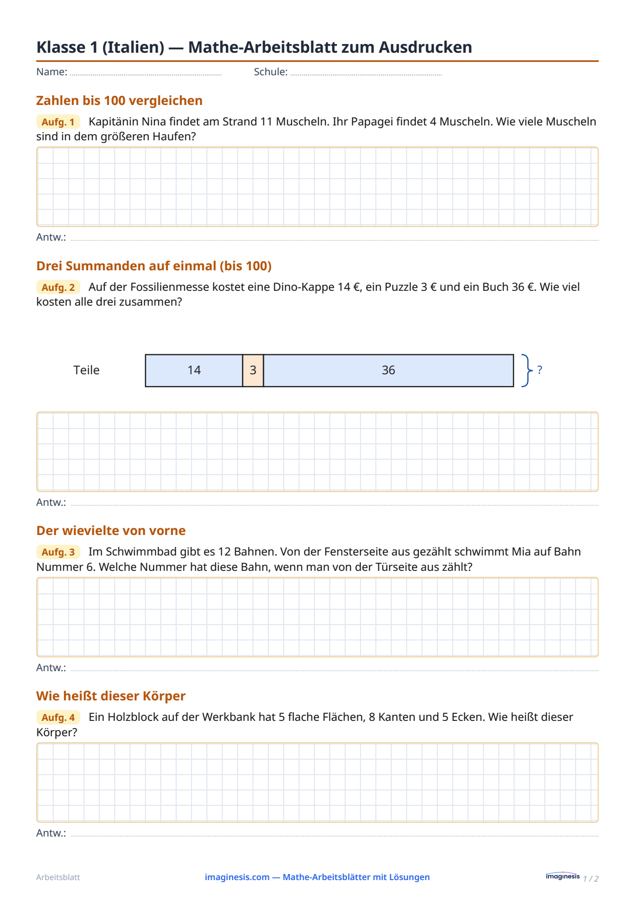 Klasse 1 (Italien) — Mathe-Arbeitsblatt zum Ausdrucken — Schülerblatt: Mathe-Arbeitsblatt zum Ausdrucken (Klasse 1, Italien)