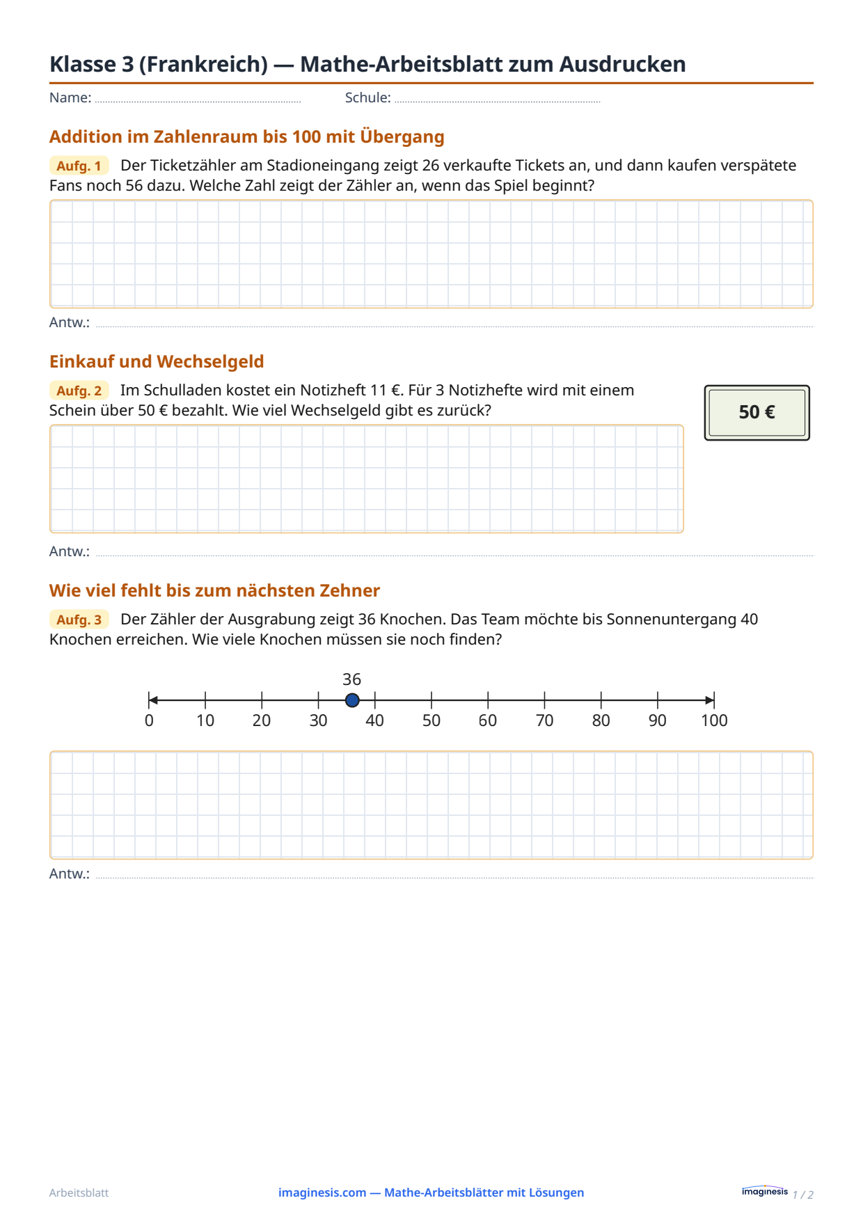 Klasse 3 (Frankreich) — Mathe-Arbeitsblatt zum Ausdrucken — Schülerblatt: Mathe-Arbeitsblatt zum Ausdrucken (Klasse 3, Frankreich)