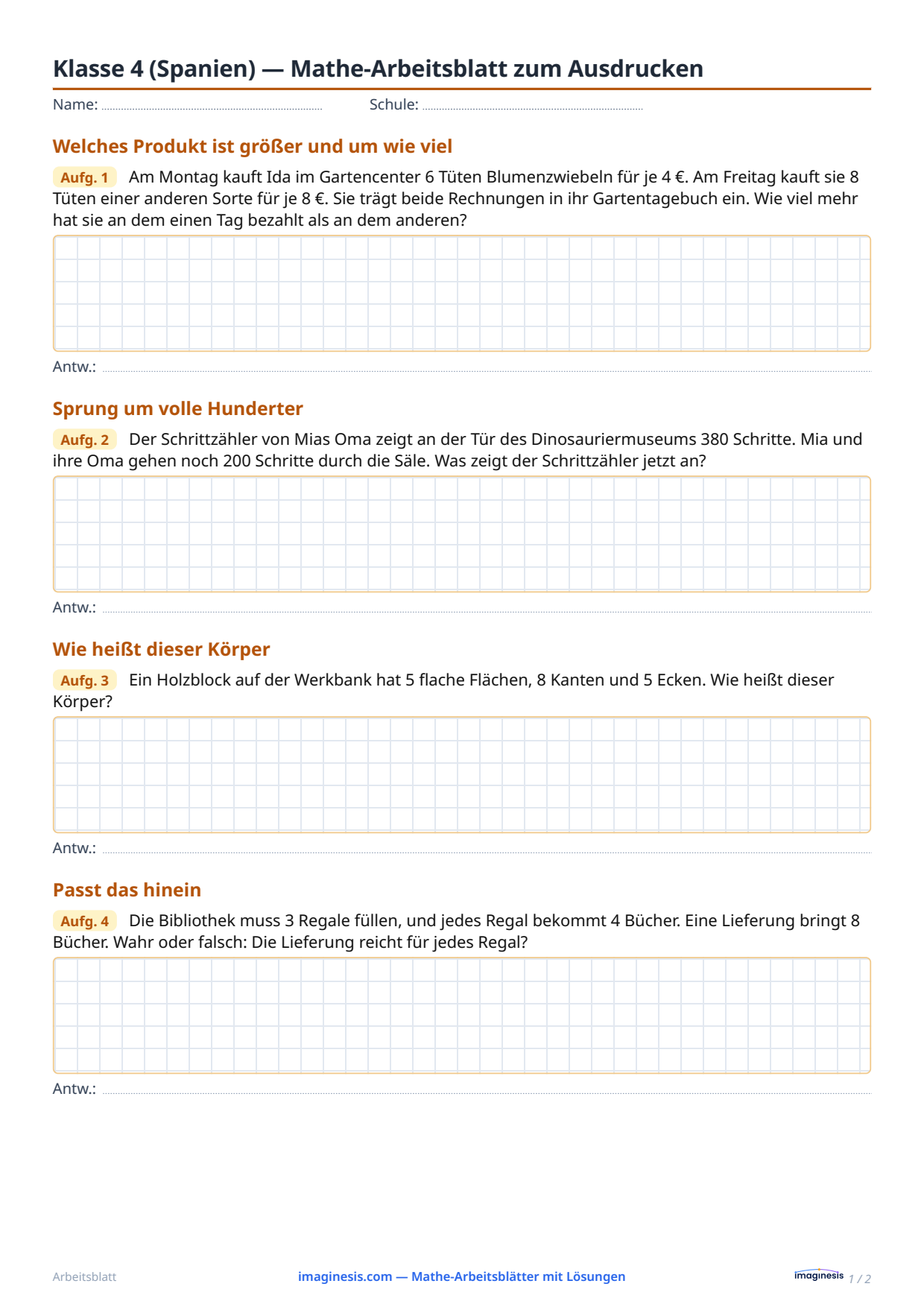 Klasse 4 (Spanien) — Mathe-Arbeitsblatt zum Ausdrucken — Schülerblatt: Mathe-Arbeitsblatt zum Ausdrucken (Klasse 4, Spanien)
