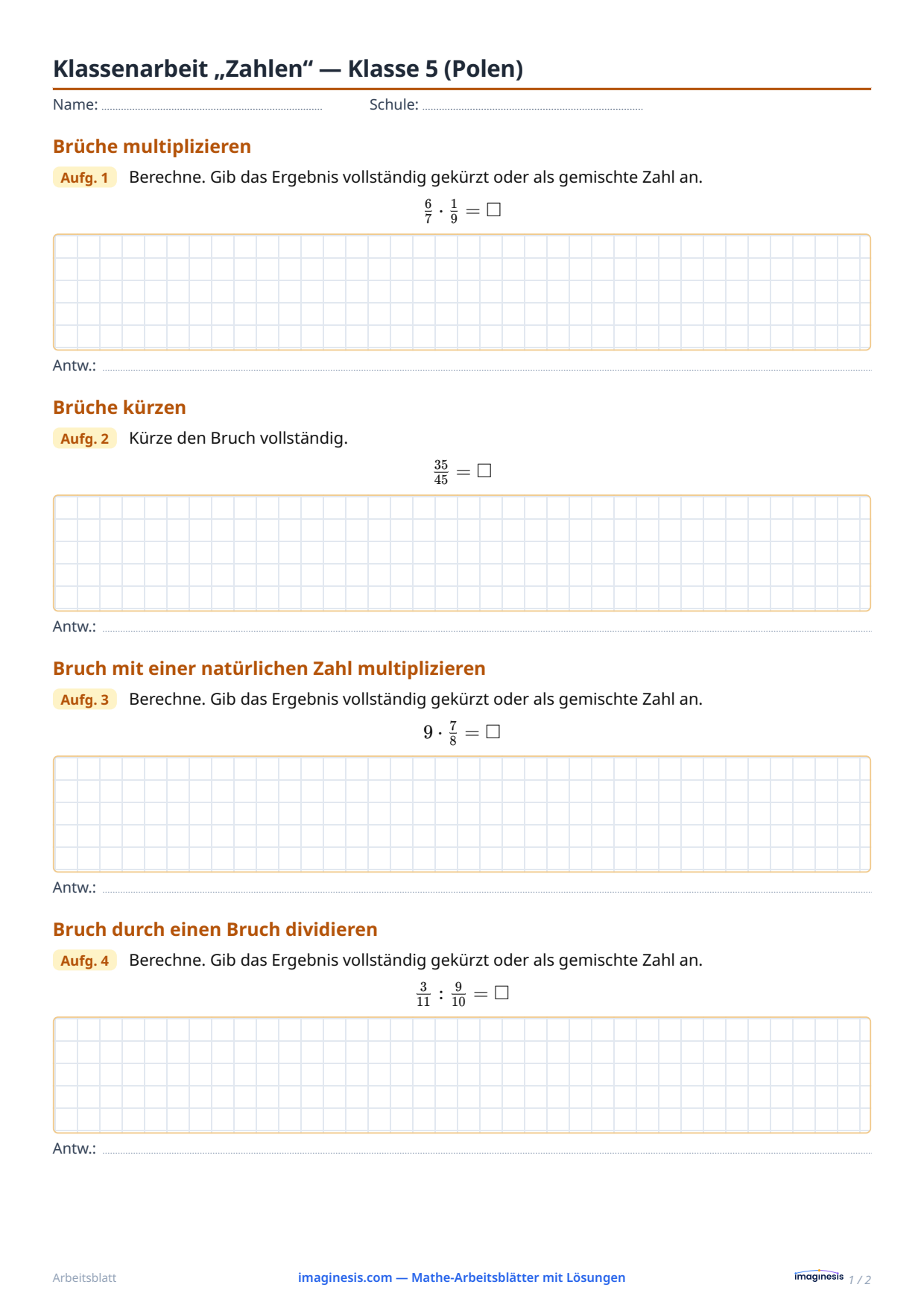 Klassenarbeit „Zahlen“ — Klasse 5 (Polen) — Schülerblatt: Mathe-Arbeitsblatt zum Ausdrucken (Klasse 5, Polen)