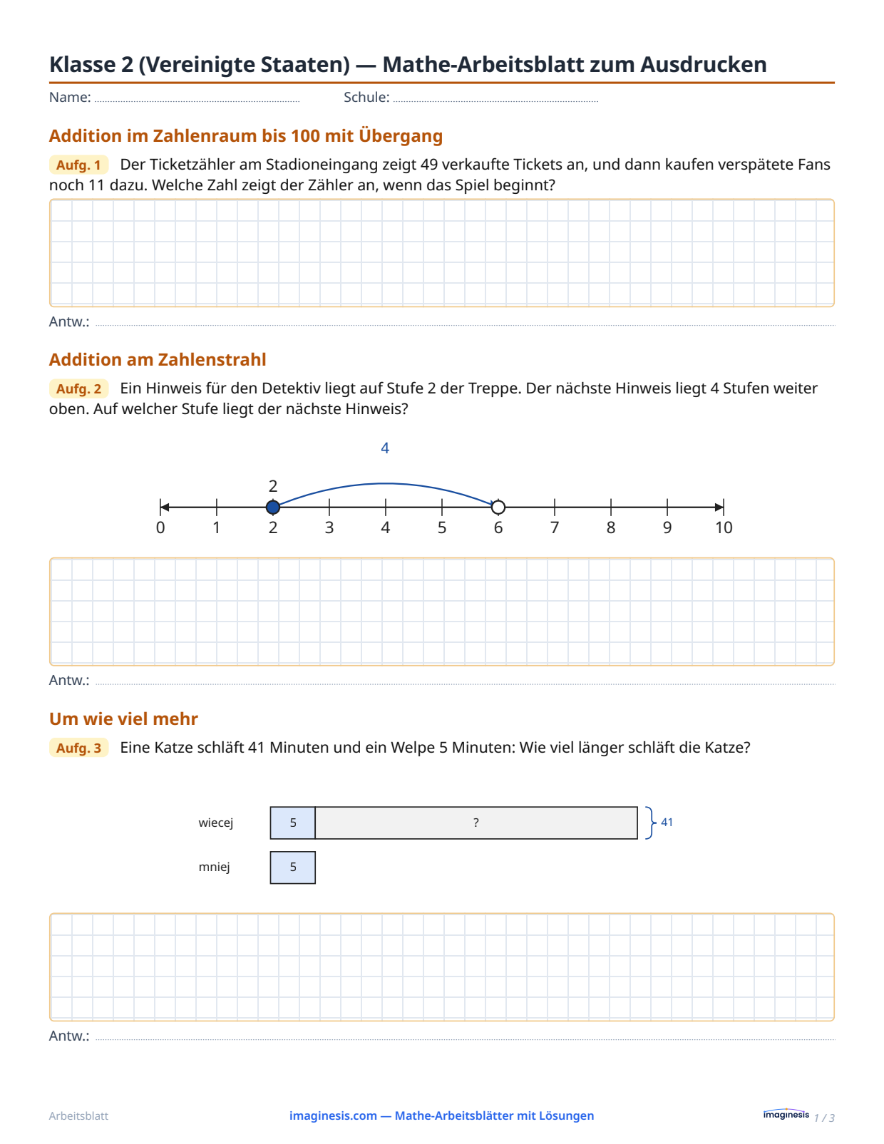 Klasse 2 (Vereinigte Staaten) — Mathe-Arbeitsblatt zum Ausdrucken — Schülerblatt: Mathe-Arbeitsblatt zum Ausdrucken (Klasse 2, Vereinigte Staaten)