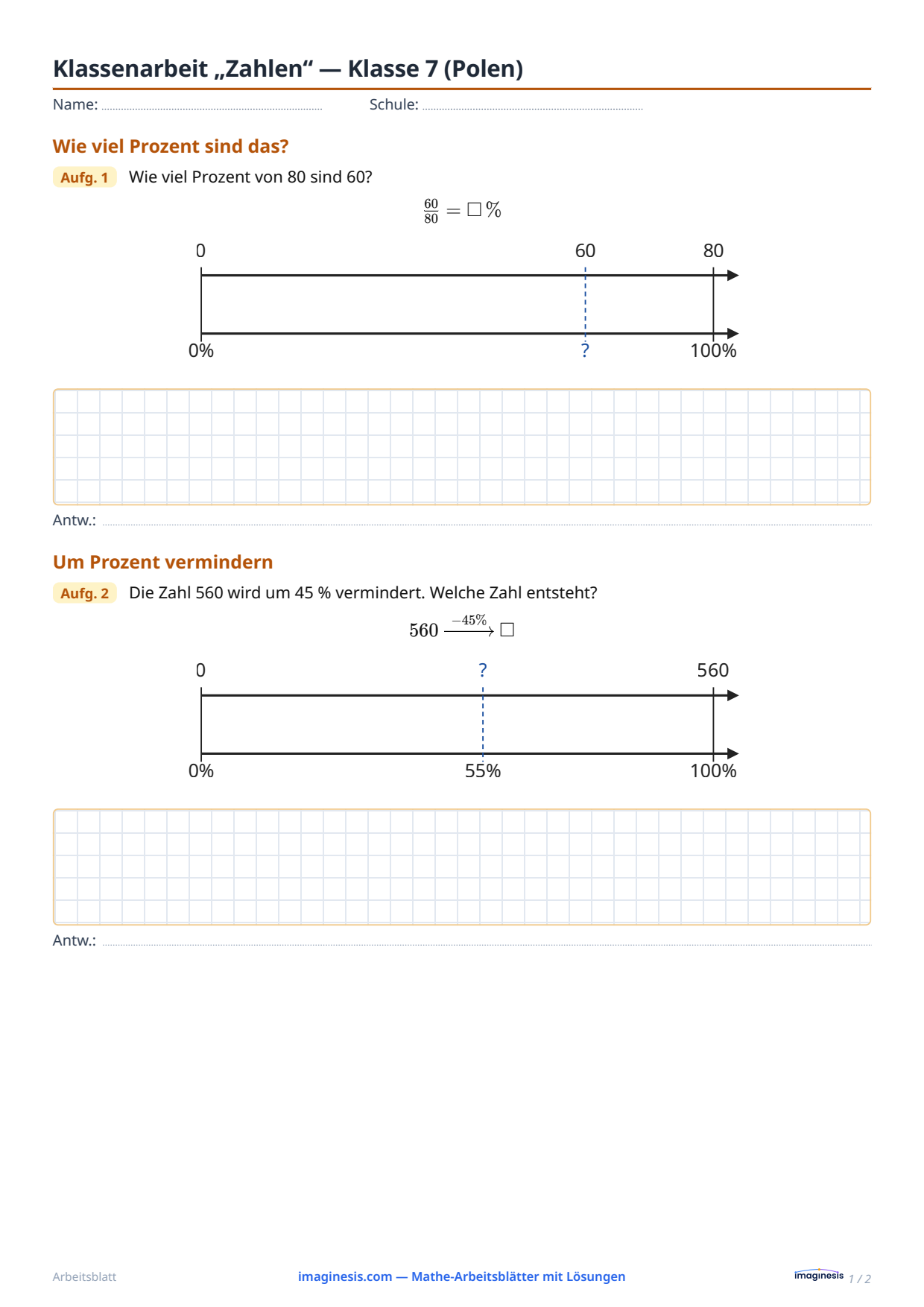 Klassenarbeit „Zahlen“ — Klasse 7 (Polen) — Schülerblatt: Mathe-Arbeitsblatt zum Ausdrucken (Klasse 7, Polen)
