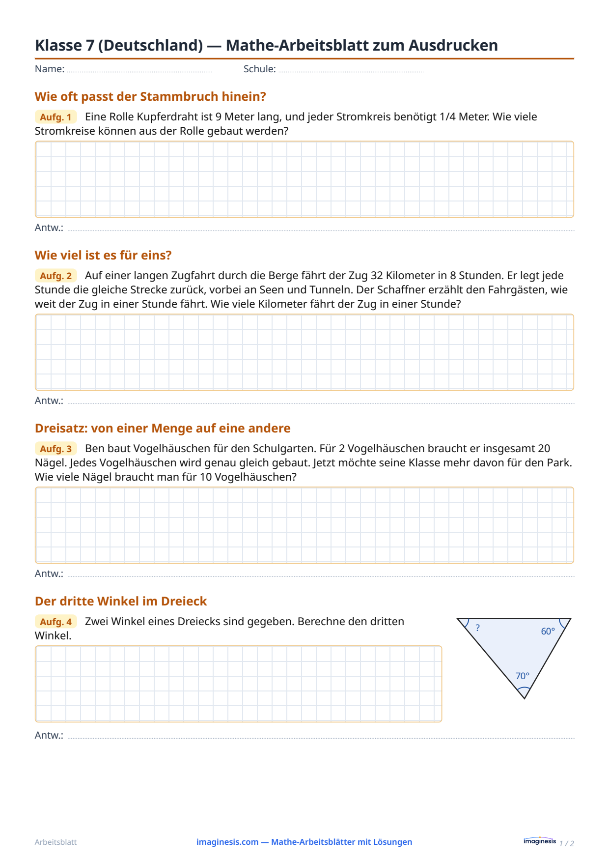 Klasse 7 (Deutschland) — Mathe-Arbeitsblatt zum Ausdrucken — Schülerblatt: Mathe-Arbeitsblatt zum Ausdrucken (Klasse 7, Deutschland)