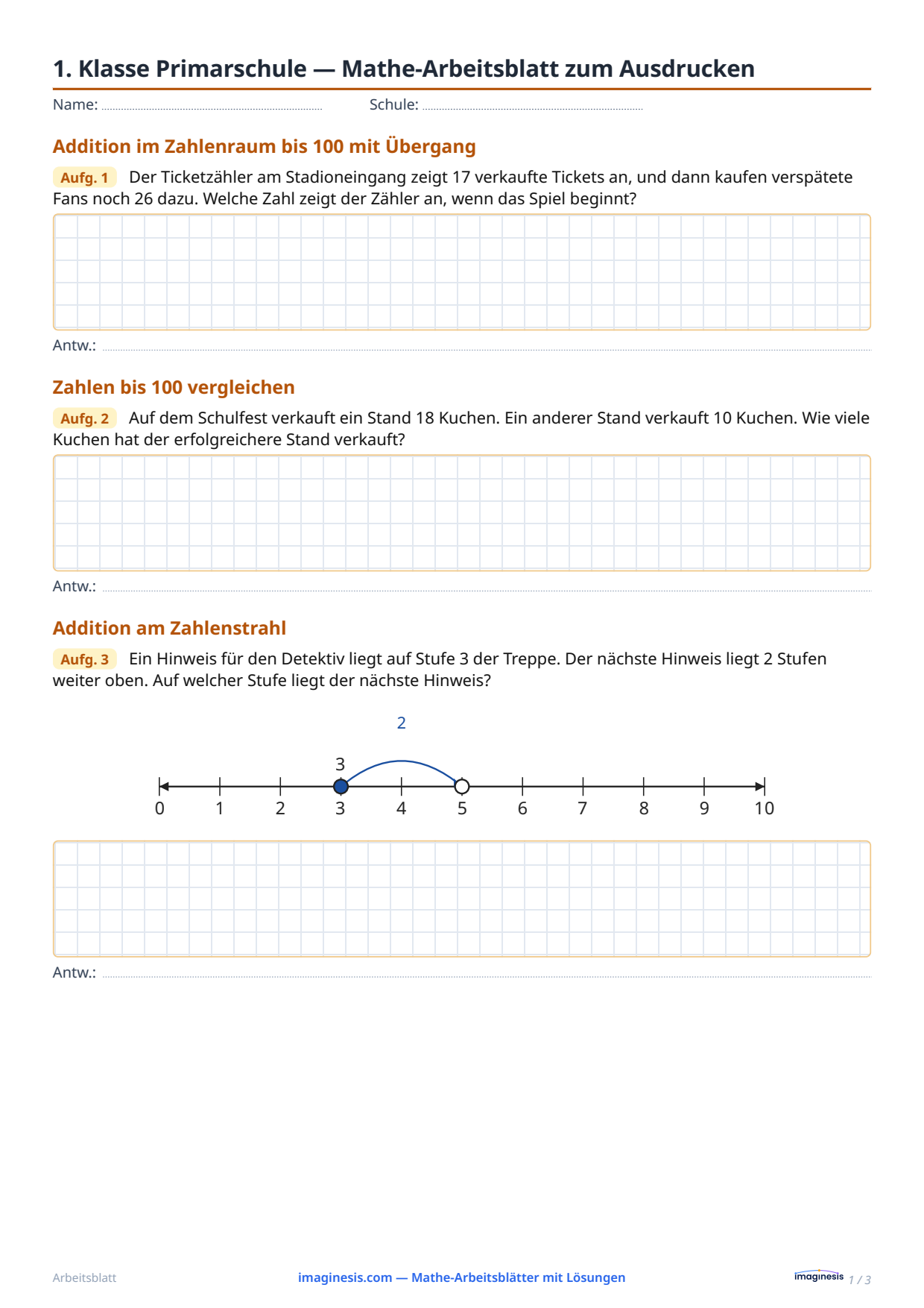 1. Klasse Primarschule — Mathe-Arbeitsblatt zum Ausdrucken — Schülerblatt: Mathe-Arbeitsblatt zum Ausdrucken (1. Klasse Primarschule, Schweiz)