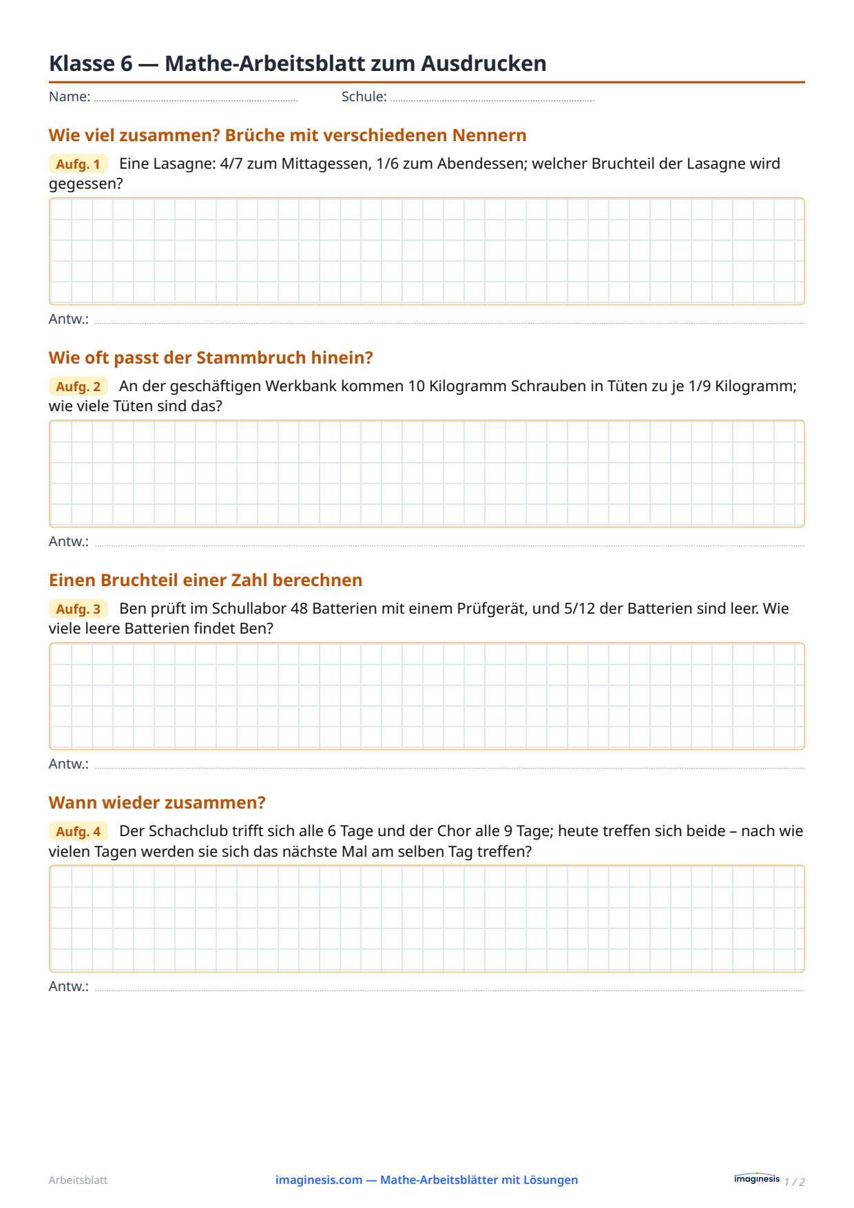 Klasse 6 — Mathe-Arbeitsblatt zum Ausdrucken — Schülerblatt: Mathe-Arbeitsblatt zum Ausdrucken (Klasse 6, Vereinigtes Königreich)