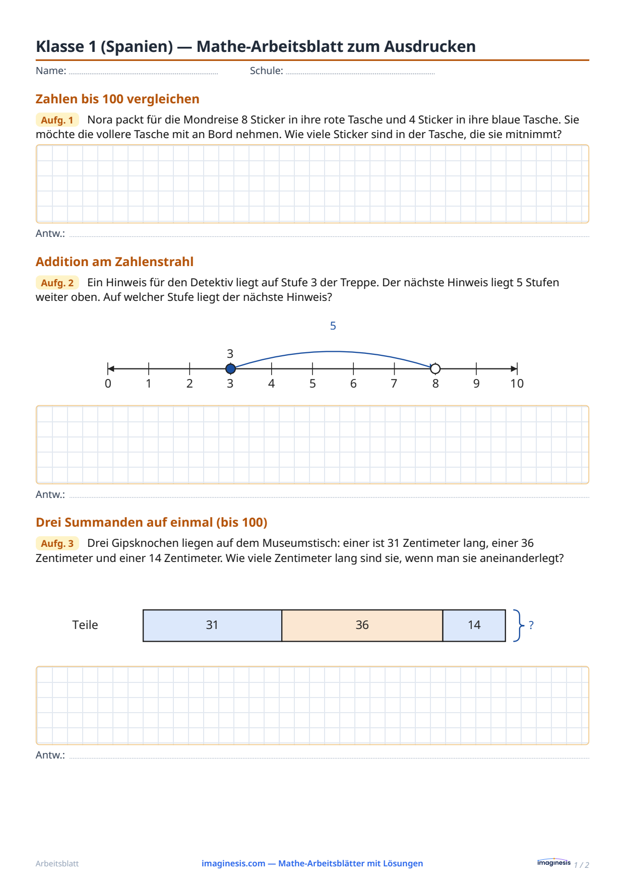 Klasse 1 (Spanien) — Mathe-Arbeitsblatt zum Ausdrucken — Schülerblatt: Mathe-Arbeitsblatt zum Ausdrucken (Klasse 1, Spanien)