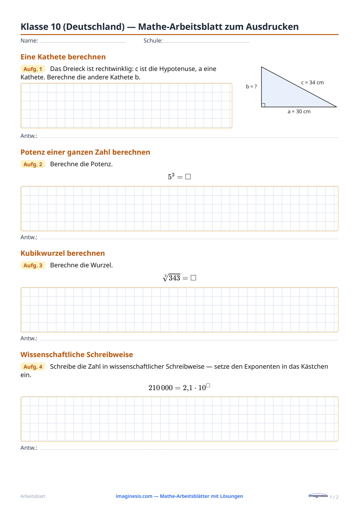 Klasse 10 (Deutschland) — Mathe-Arbeitsblatt zum Ausdrucken — Schülerblatt: Mathe-Arbeitsblatt zum Ausdrucken (Klasse 10, Deutschland)