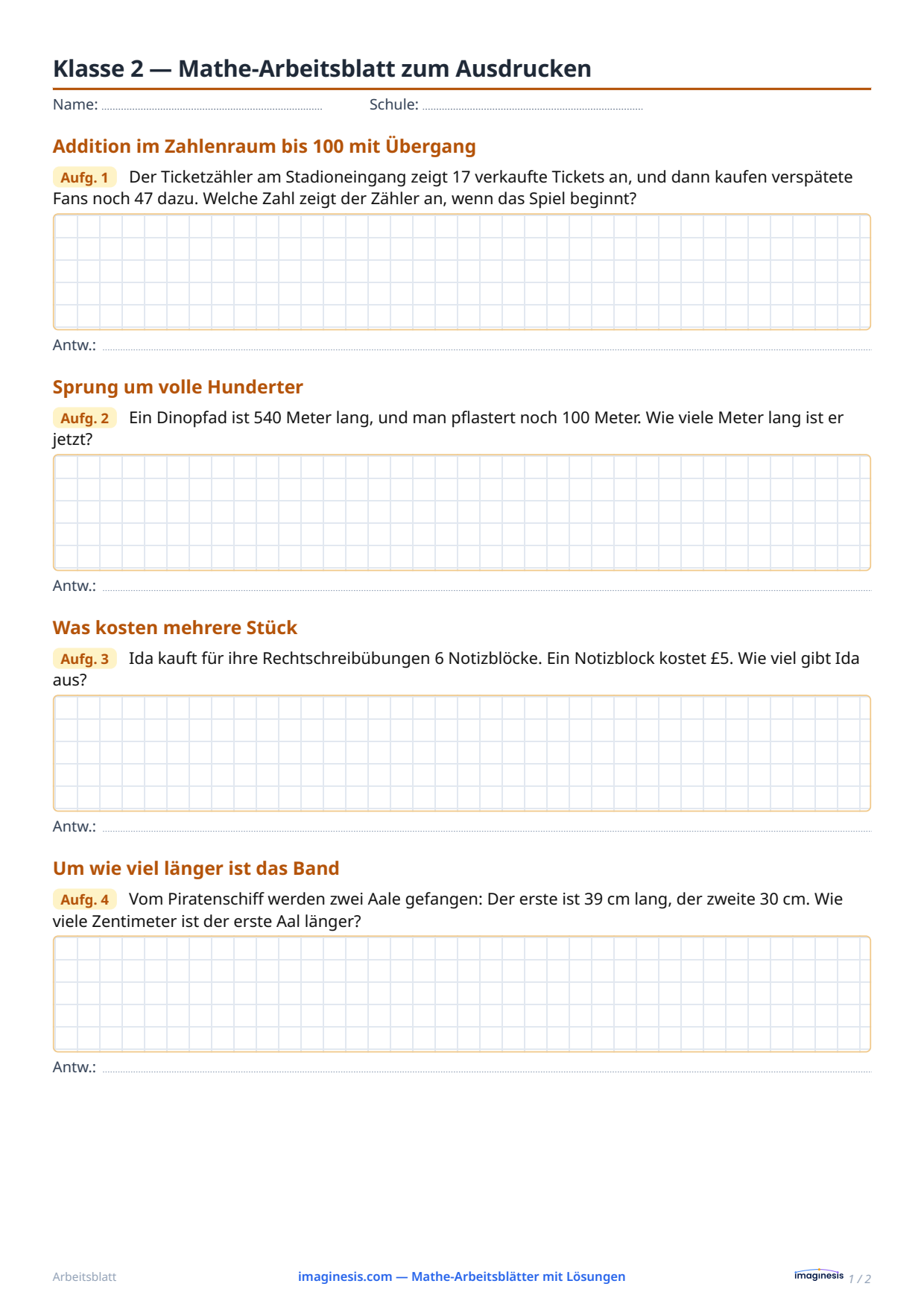 Klasse 2 — Mathe-Arbeitsblatt zum Ausdrucken — Schülerblatt: Mathe-Arbeitsblatt zum Ausdrucken (Klasse 2, Vereinigtes Königreich)