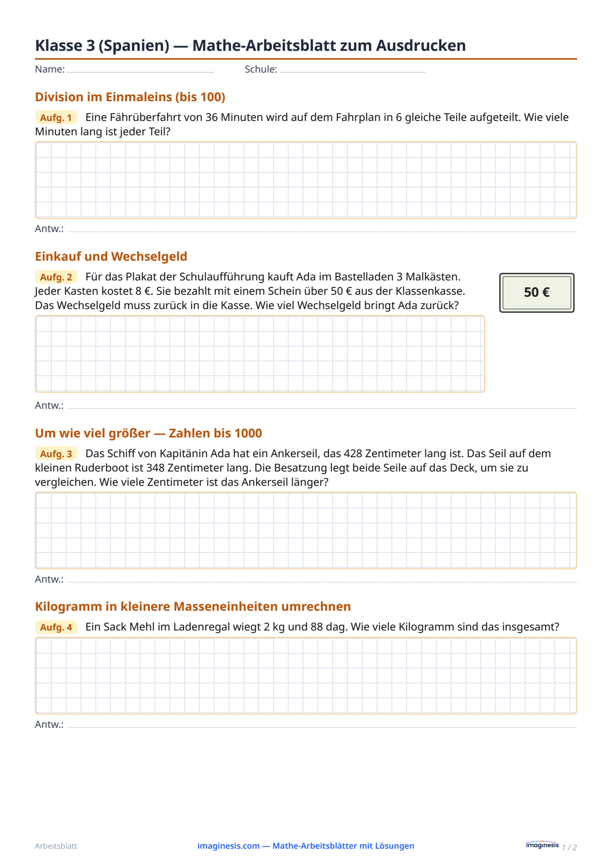 Klasse 3 (Spanien) — Mathe-Arbeitsblatt zum Ausdrucken — Schülerblatt: Mathe-Arbeitsblatt zum Ausdrucken (Klasse 3, Spanien)