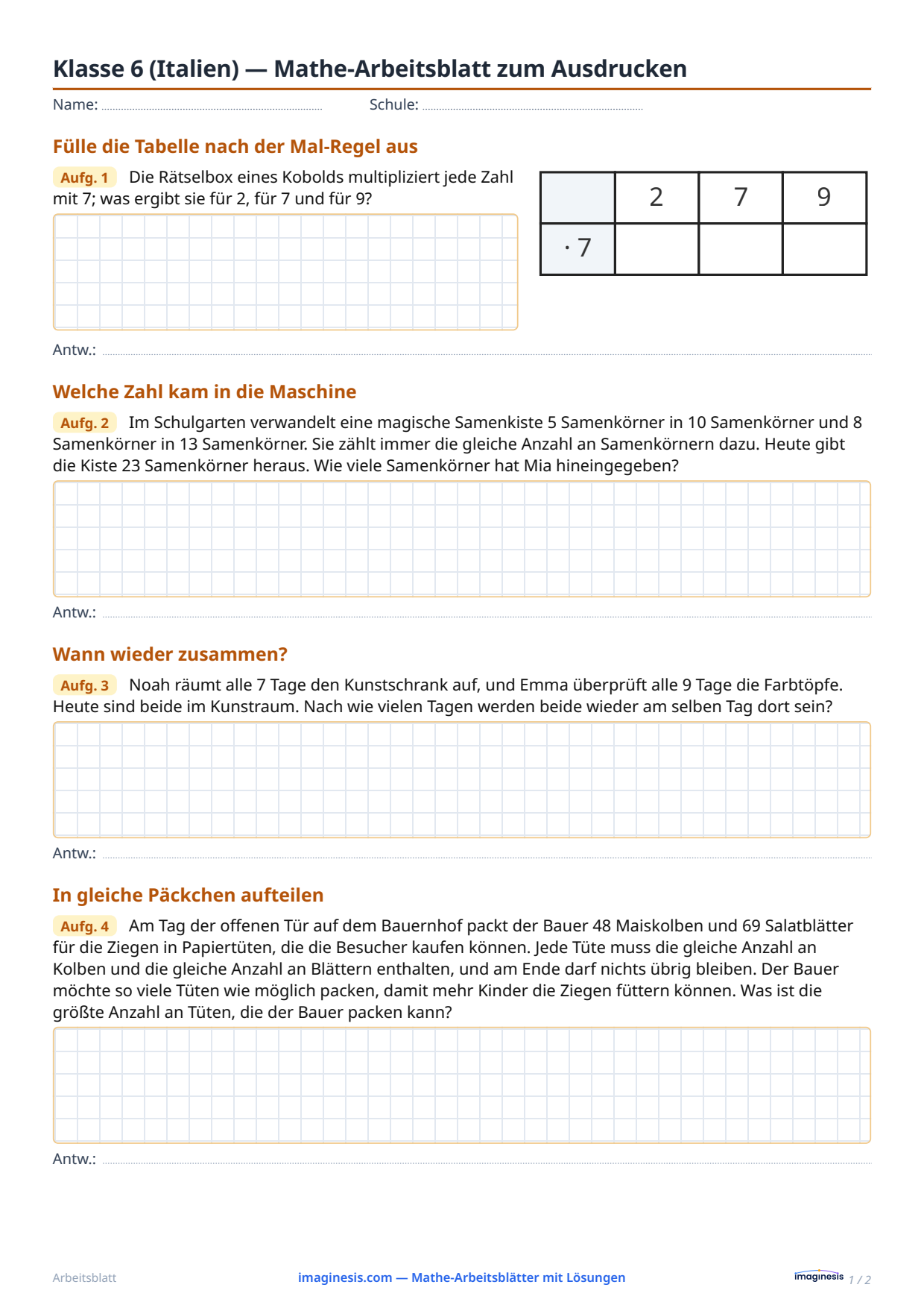 Klasse 6 (Italien) — Mathe-Arbeitsblatt zum Ausdrucken — Schülerblatt: Mathe-Arbeitsblatt zum Ausdrucken (Klasse 6, Italien)