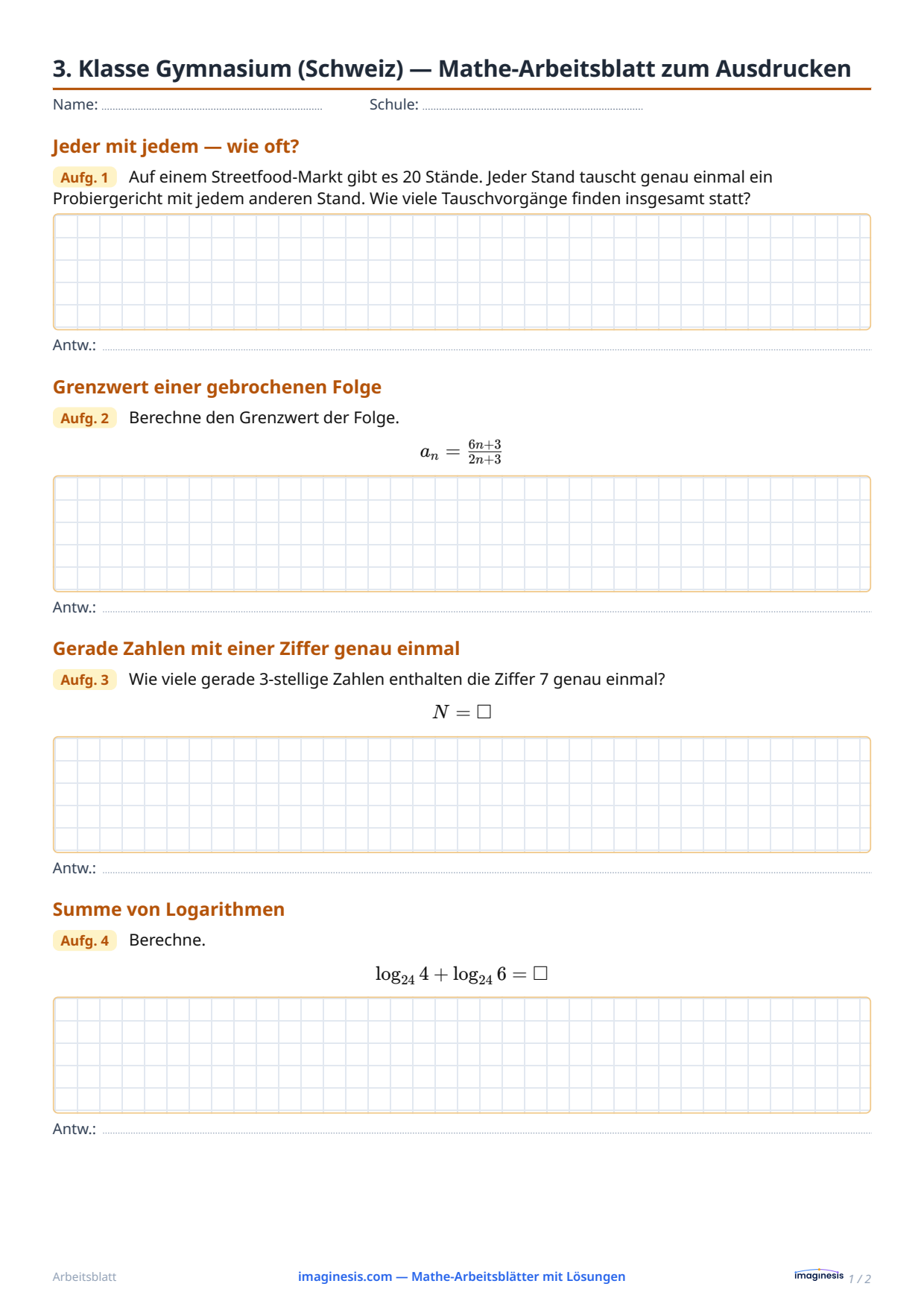 3. Klasse Gymnasium (Schweiz) — Mathe-Arbeitsblatt zum Ausdrucken — Schülerblatt: Mathe-Arbeitsblatt zum Ausdrucken (3. Klasse Gymnasium, Schweiz)