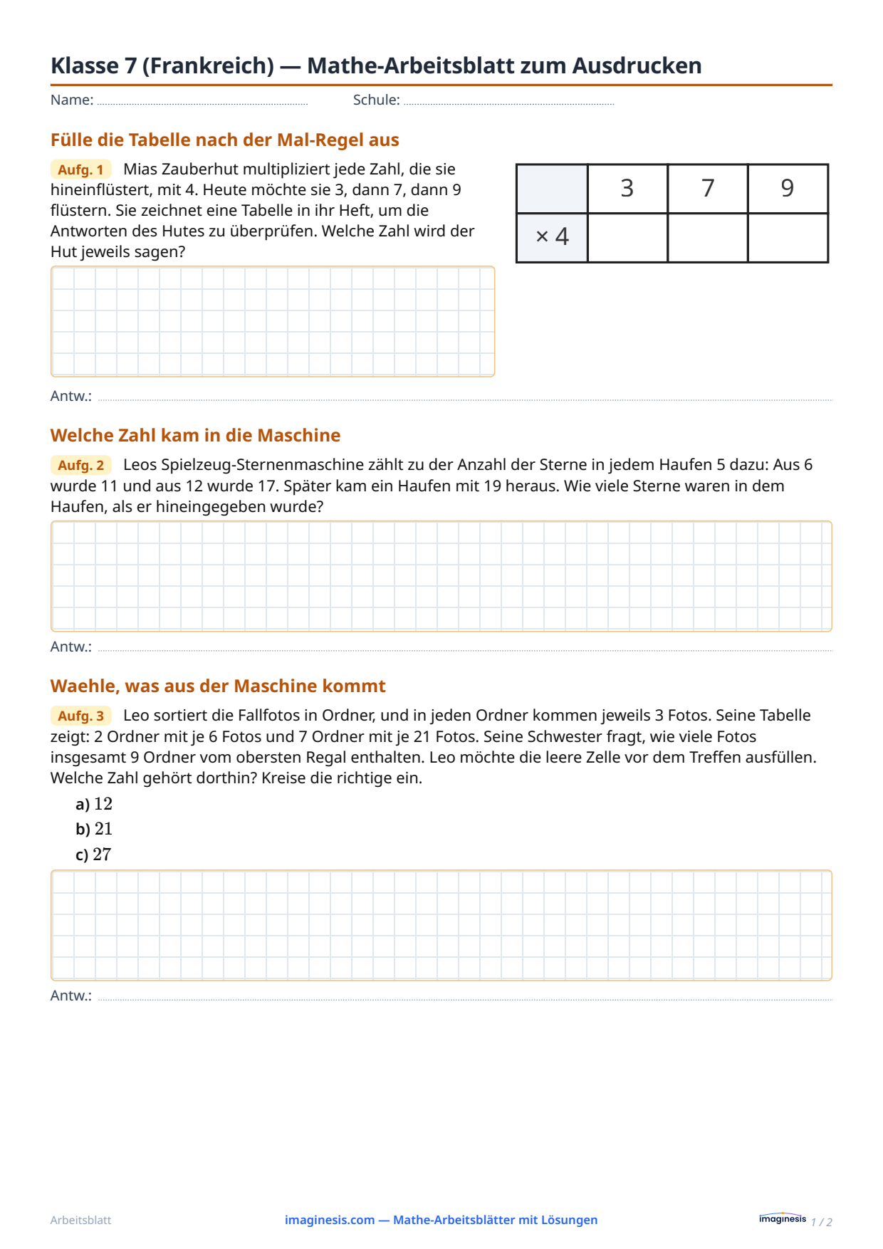Klasse 7 (Frankreich) — Mathe-Arbeitsblatt zum Ausdrucken — Schülerblatt: Mathe-Arbeitsblatt zum Ausdrucken (Klasse 7, Frankreich)