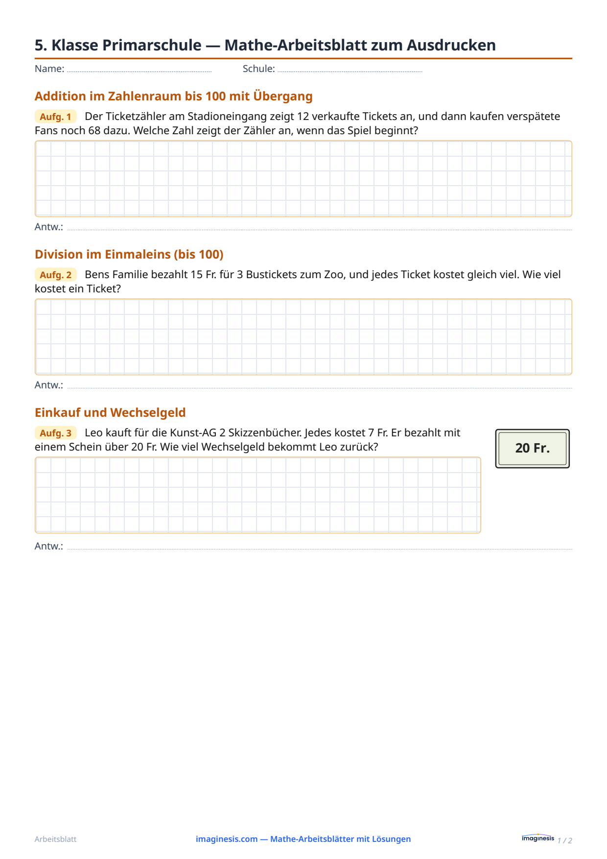 5. Klasse Primarschule — Mathe-Arbeitsblatt zum Ausdrucken — Schülerblatt: Mathe-Arbeitsblatt zum Ausdrucken (5. Klasse Primarschule, Schweiz)