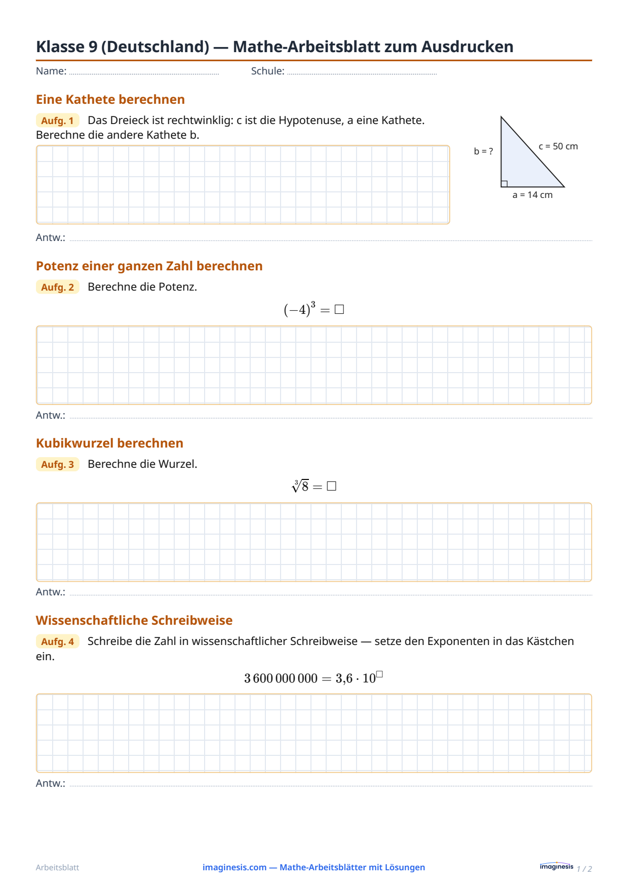 Klasse 9 (Deutschland) — Mathe-Arbeitsblatt zum Ausdrucken — Schülerblatt: Mathe-Arbeitsblatt zum Ausdrucken (Klasse 9, Deutschland)