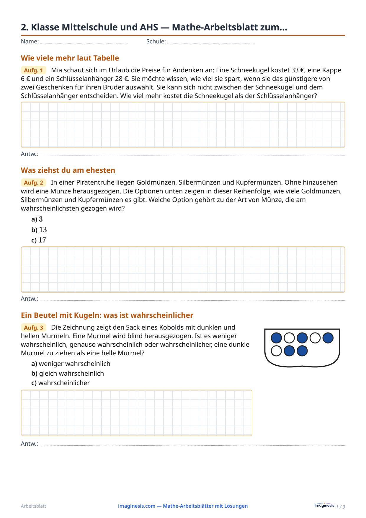 2. Klasse Mittelschule und AHS — Mathe-Arbeitsblatt zum… — Schülerblatt: Mathe-Arbeitsblatt zum Ausdrucken (2. Klasse Mittelschule und AHS, Österreich)