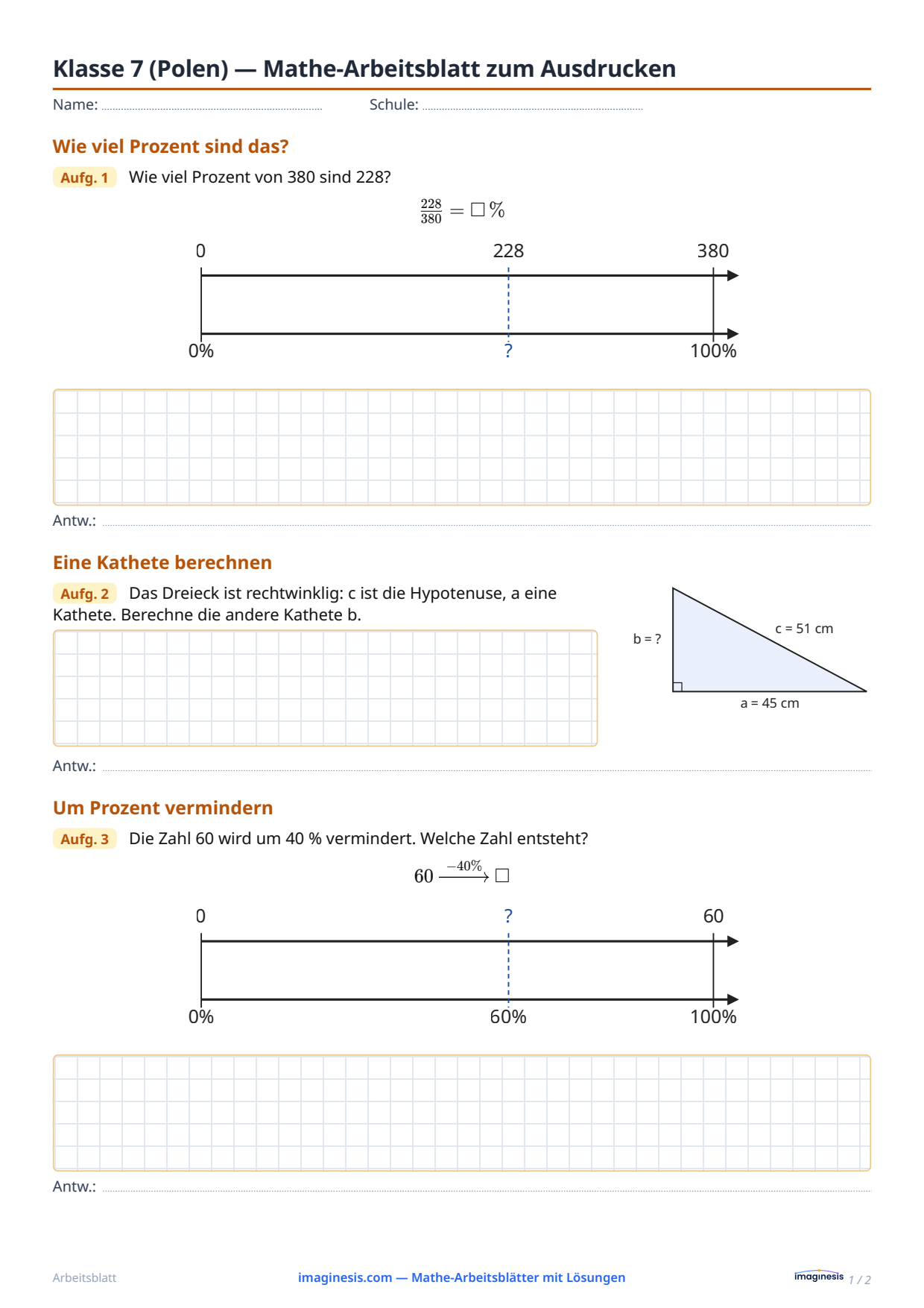 Klasse 7 (Polen) — Mathe-Arbeitsblatt zum Ausdrucken — Schülerblatt: Mathe-Arbeitsblatt zum Ausdrucken (Klasse 7, Polen)