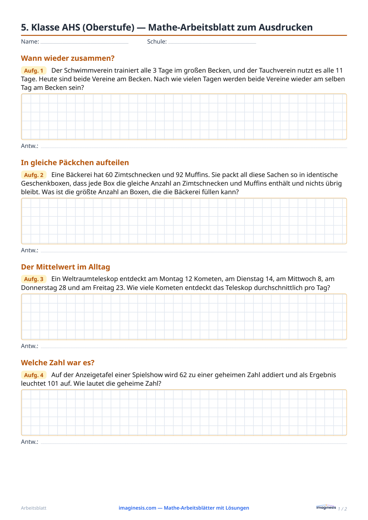 5. Klasse AHS (Oberstufe) — Mathe-Arbeitsblatt zum Ausdrucken — Schülerblatt: Mathe-Arbeitsblatt zum Ausdrucken (5. Klasse AHS (Oberstufe), Österreich)