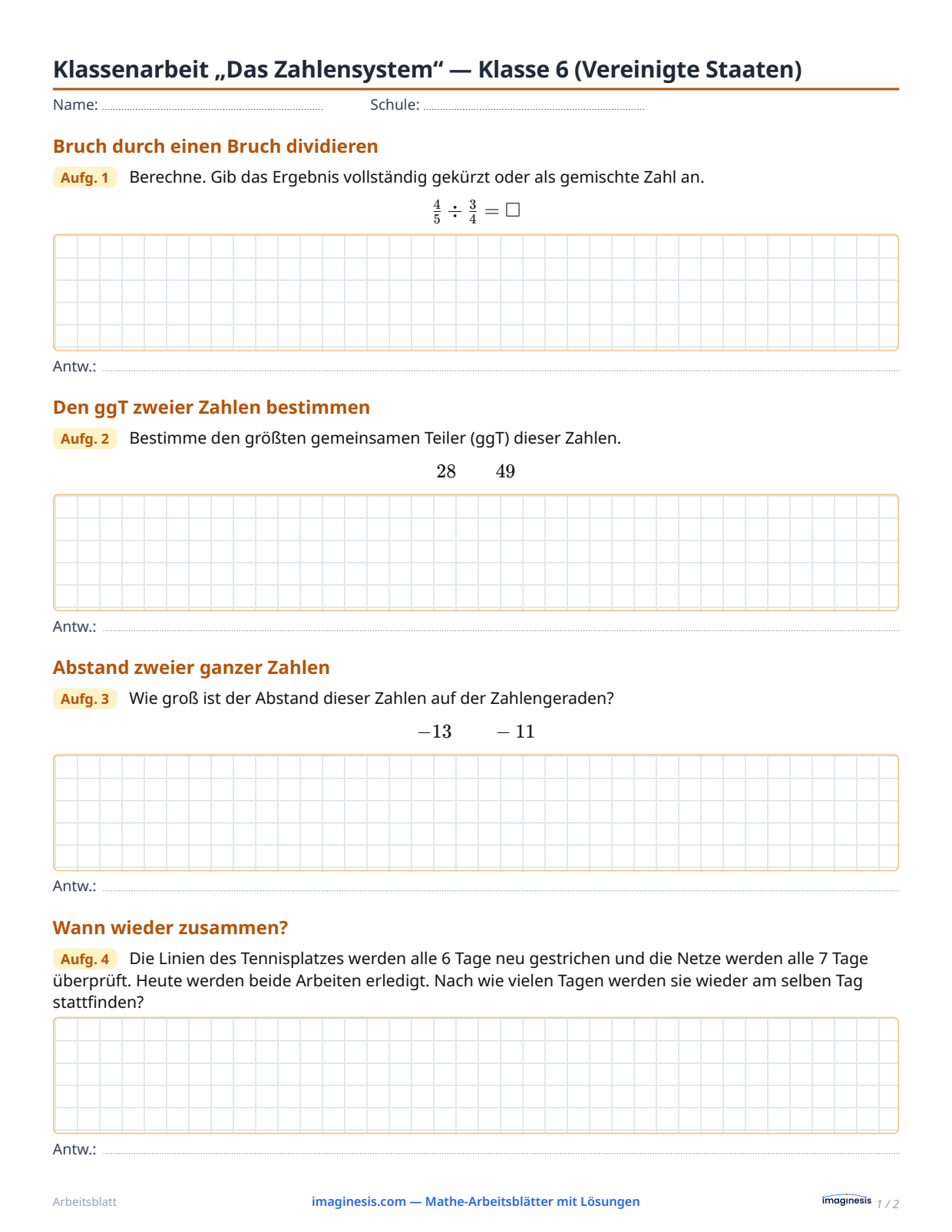Klassenarbeit „Das Zahlensystem“ — Klasse 6 (Vereinigte Staaten) — Schülerblatt: Mathe-Arbeitsblatt zum Ausdrucken (Klasse 6, Vereinigte Staaten)