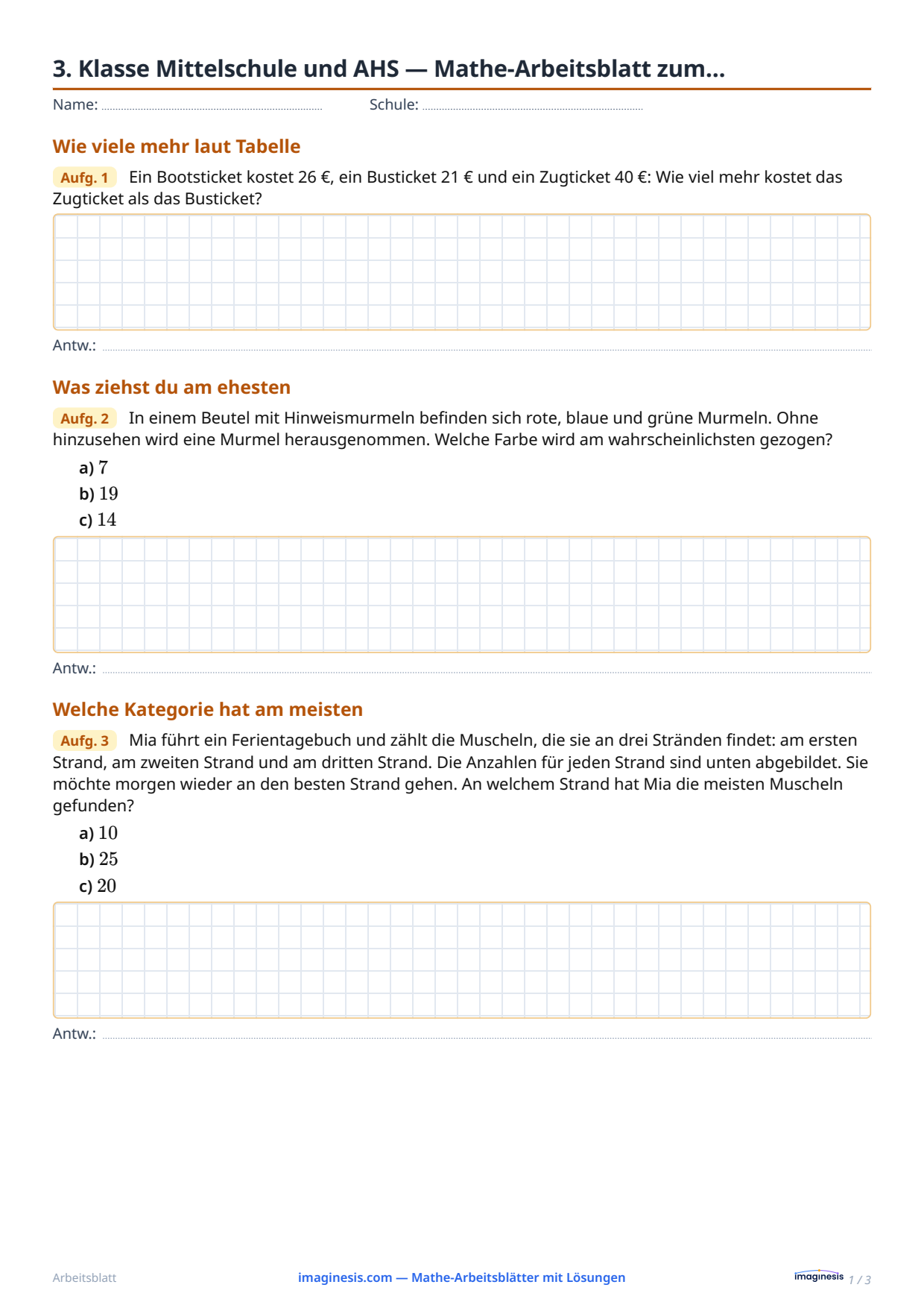 3. Klasse Mittelschule und AHS — Mathe-Arbeitsblatt zum… — Schülerblatt: Mathe-Arbeitsblatt zum Ausdrucken (3. Klasse Mittelschule und AHS, Österreich)