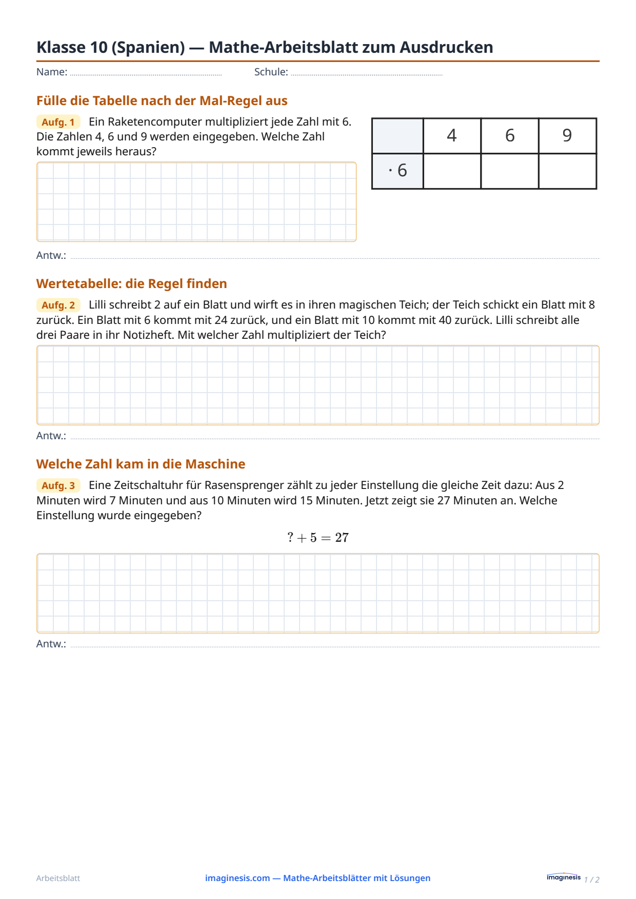 Klasse 10 (Spanien) — Mathe-Arbeitsblatt zum Ausdrucken — Schülerblatt: Mathe-Arbeitsblatt zum Ausdrucken (Klasse 10, Spanien)