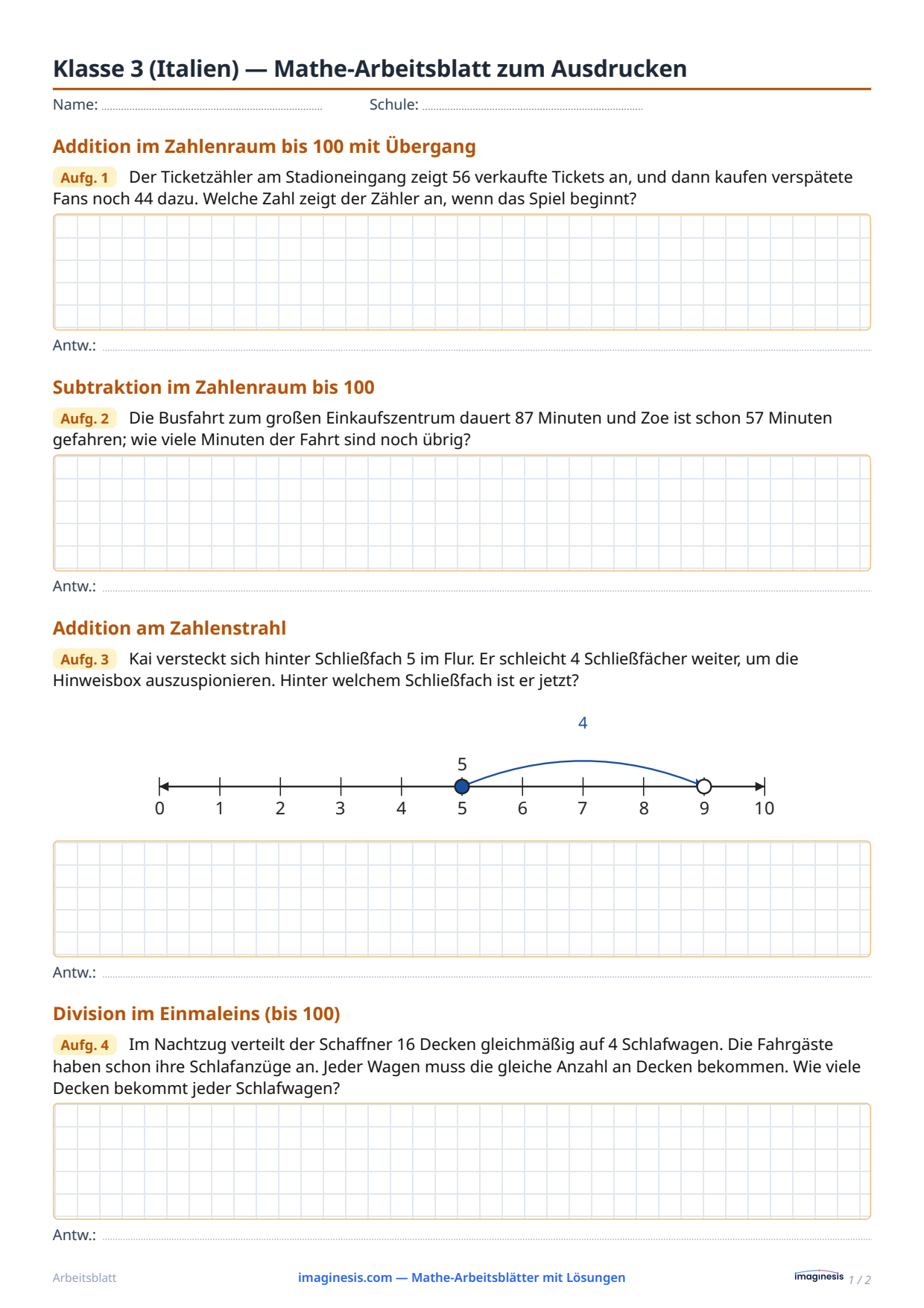 Klasse 3 (Italien) — Mathe-Arbeitsblatt zum Ausdrucken — Schülerblatt: Mathe-Arbeitsblatt zum Ausdrucken (Klasse 3, Italien)