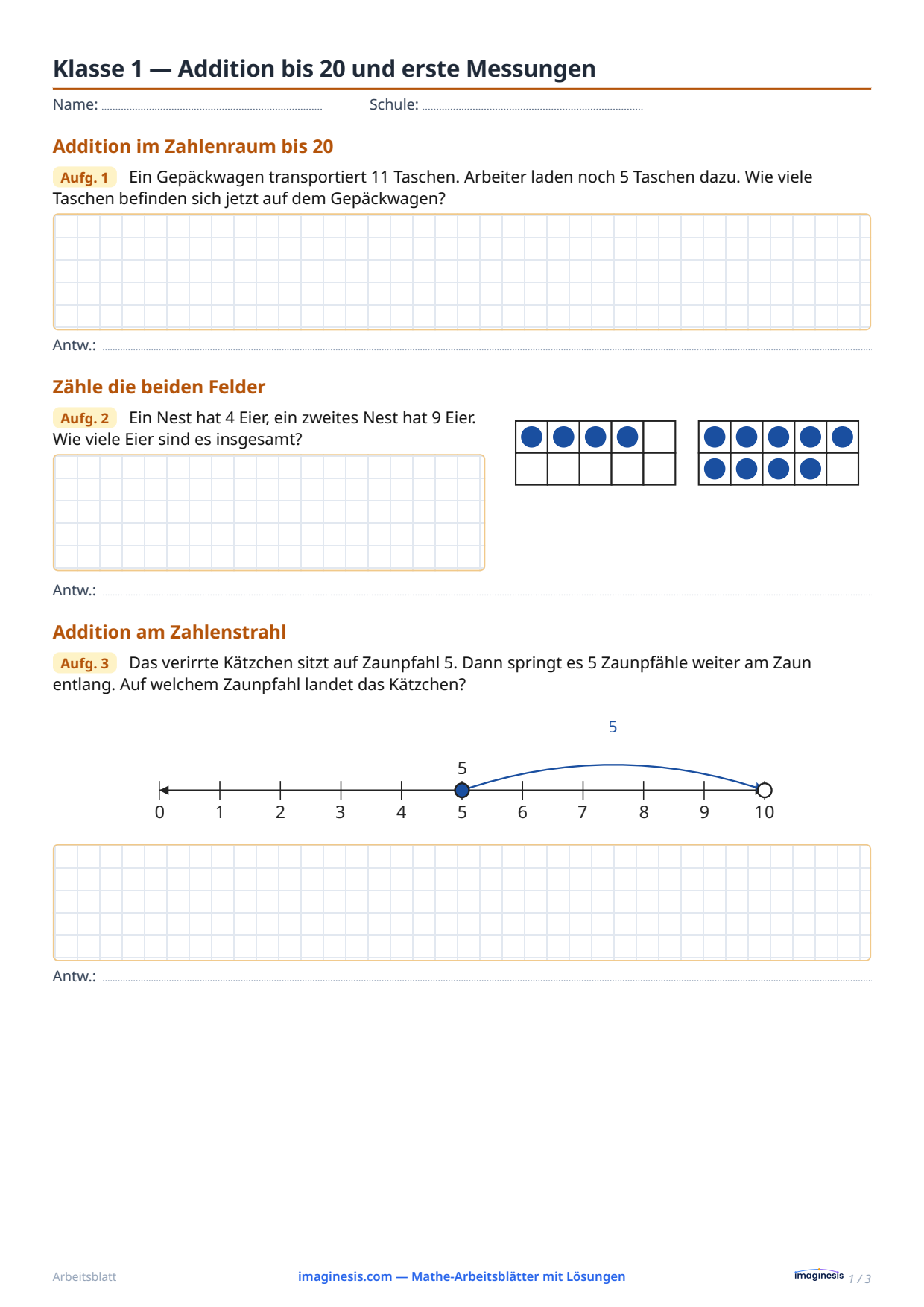 Klasse 1 — Addition bis 20 und erste Messungen — Schülerblatt: Mathe-Arbeitsblatt zum Ausdrucken (Klasse 1, Polen)