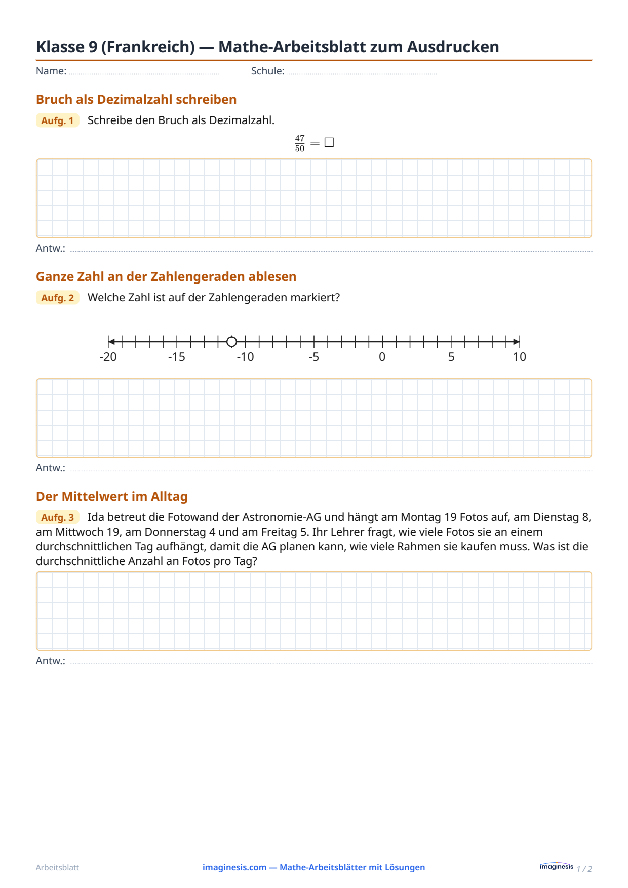 Klasse 9 (Frankreich) — Mathe-Arbeitsblatt zum Ausdrucken — Schülerblatt: Mathe-Arbeitsblatt zum Ausdrucken (Klasse 9, Frankreich)