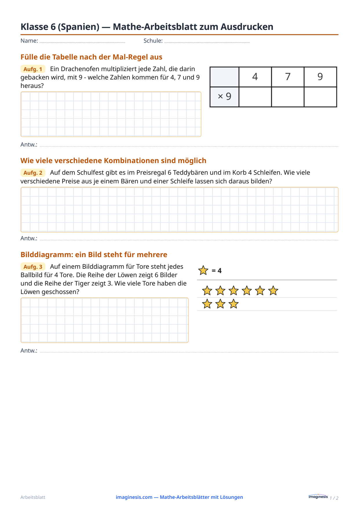 Klasse 6 (Spanien) — Mathe-Arbeitsblatt zum Ausdrucken — Schülerblatt: Mathe-Arbeitsblatt zum Ausdrucken (Klasse 6, Spanien)