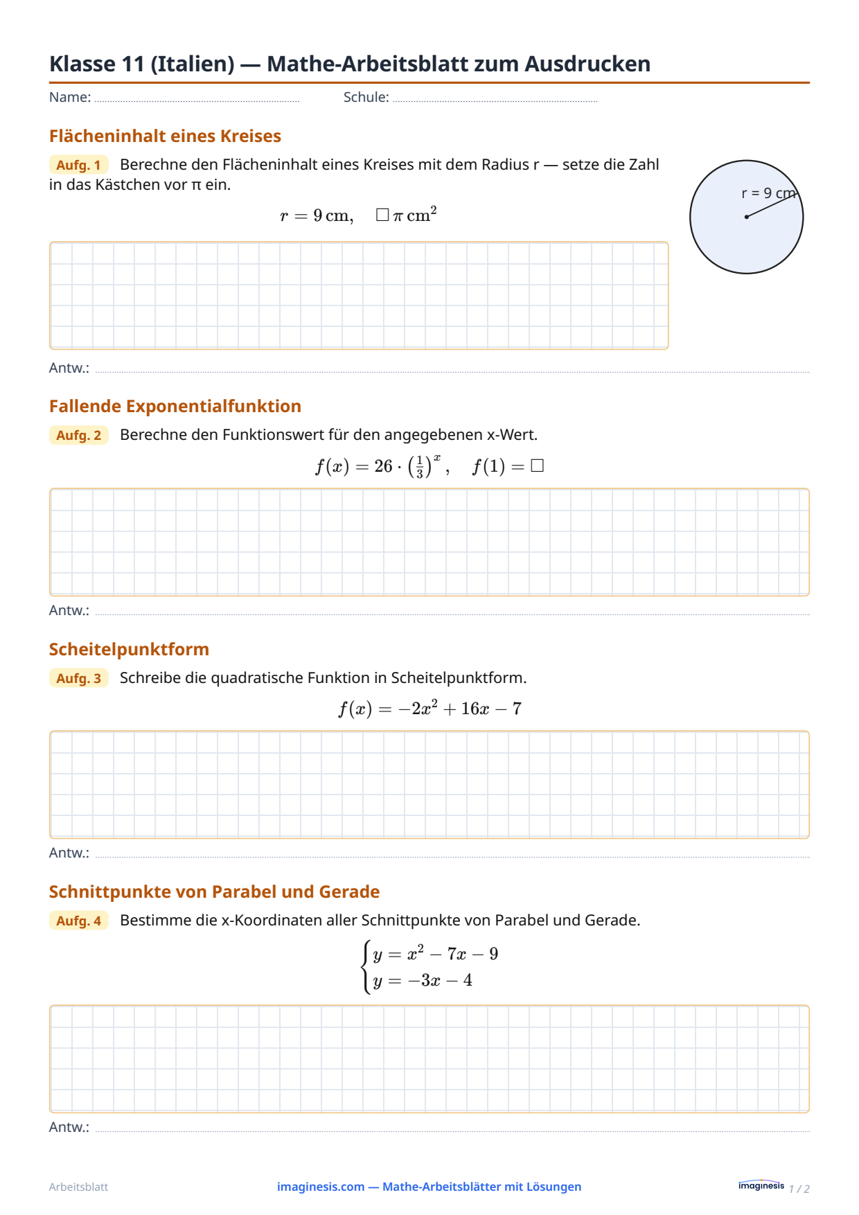Klasse 11 (Italien) — Mathe-Arbeitsblatt zum Ausdrucken — Schülerblatt: Mathe-Arbeitsblatt zum Ausdrucken (Klasse 11, Italien)