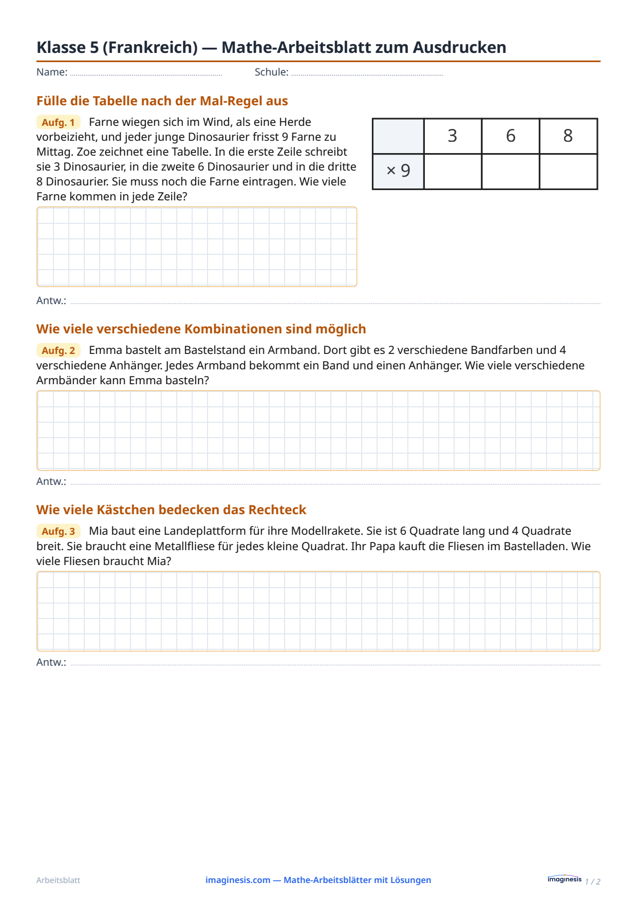 Klasse 5 (Frankreich) — Mathe-Arbeitsblatt zum Ausdrucken — Schülerblatt: Mathe-Arbeitsblatt zum Ausdrucken (Klasse 5, Frankreich)