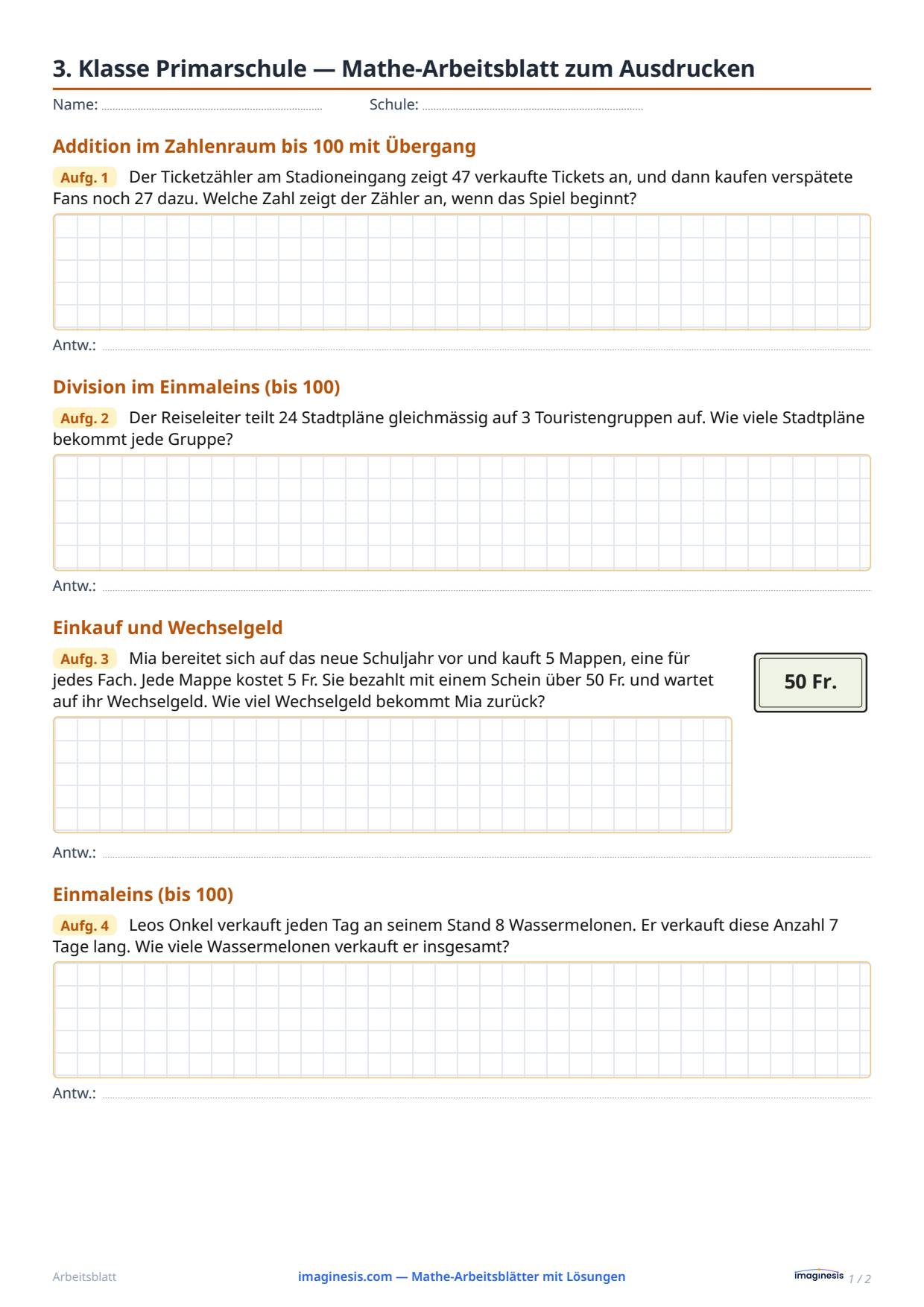 3. Klasse Primarschule — Mathe-Arbeitsblatt zum Ausdrucken — Schülerblatt: Mathe-Arbeitsblatt zum Ausdrucken (3. Klasse Primarschule, Schweiz)