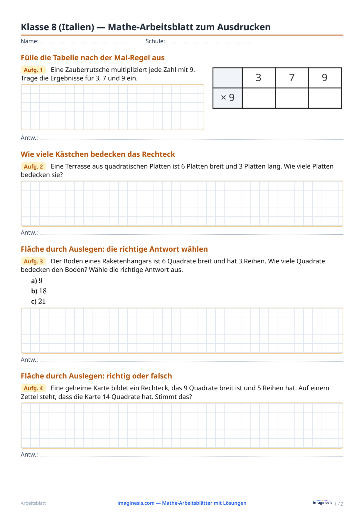 Klasse 8 (Italien) — Mathe-Arbeitsblatt zum Ausdrucken — Schülerblatt: Mathe-Arbeitsblatt zum Ausdrucken (Klasse 8, Italien)